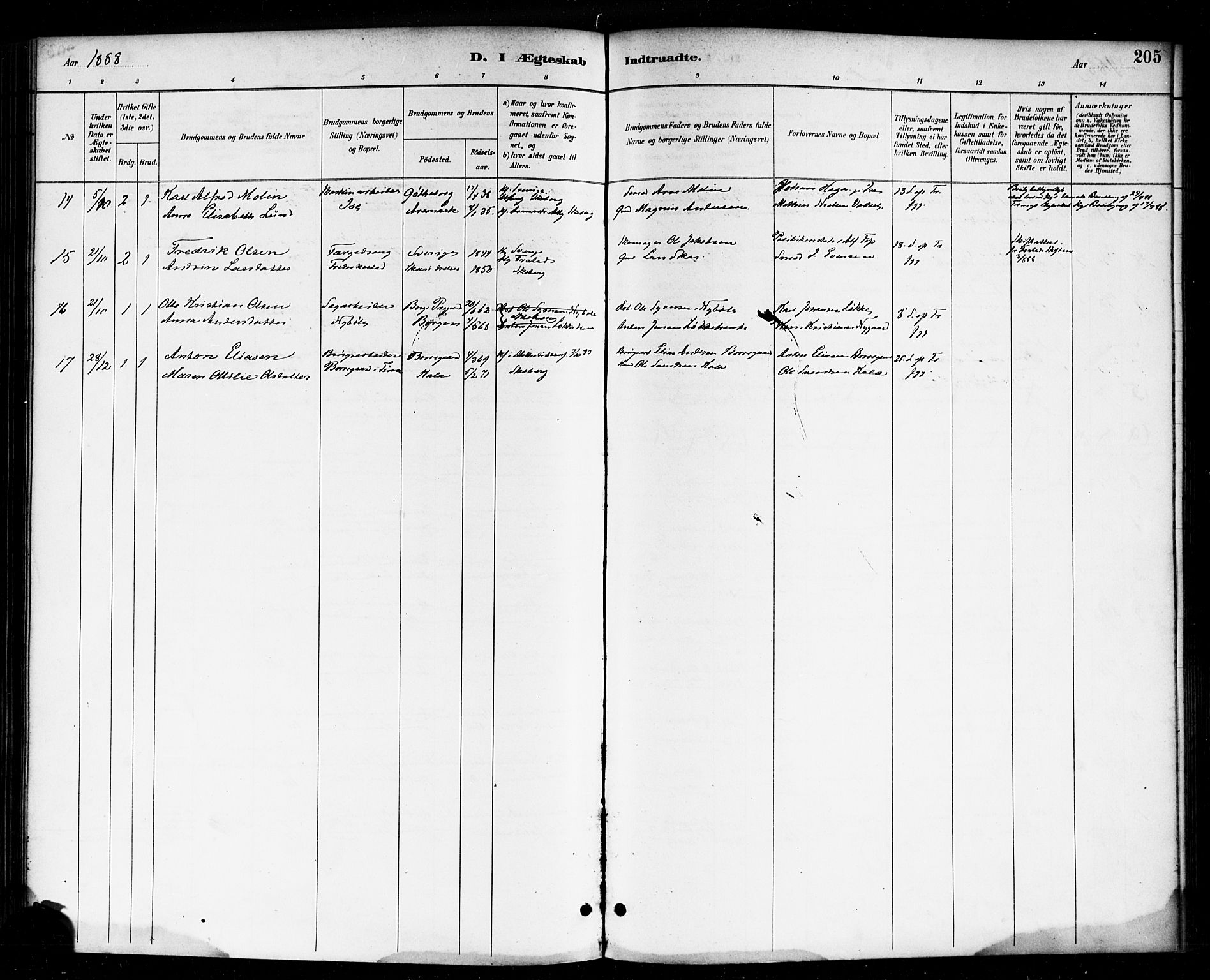 Skjeberg prestekontor Kirkebøker, AV/SAO-A-10923/F/Fa/L0009: Parish register (official) no. I 9, 1886-1897, p. 205