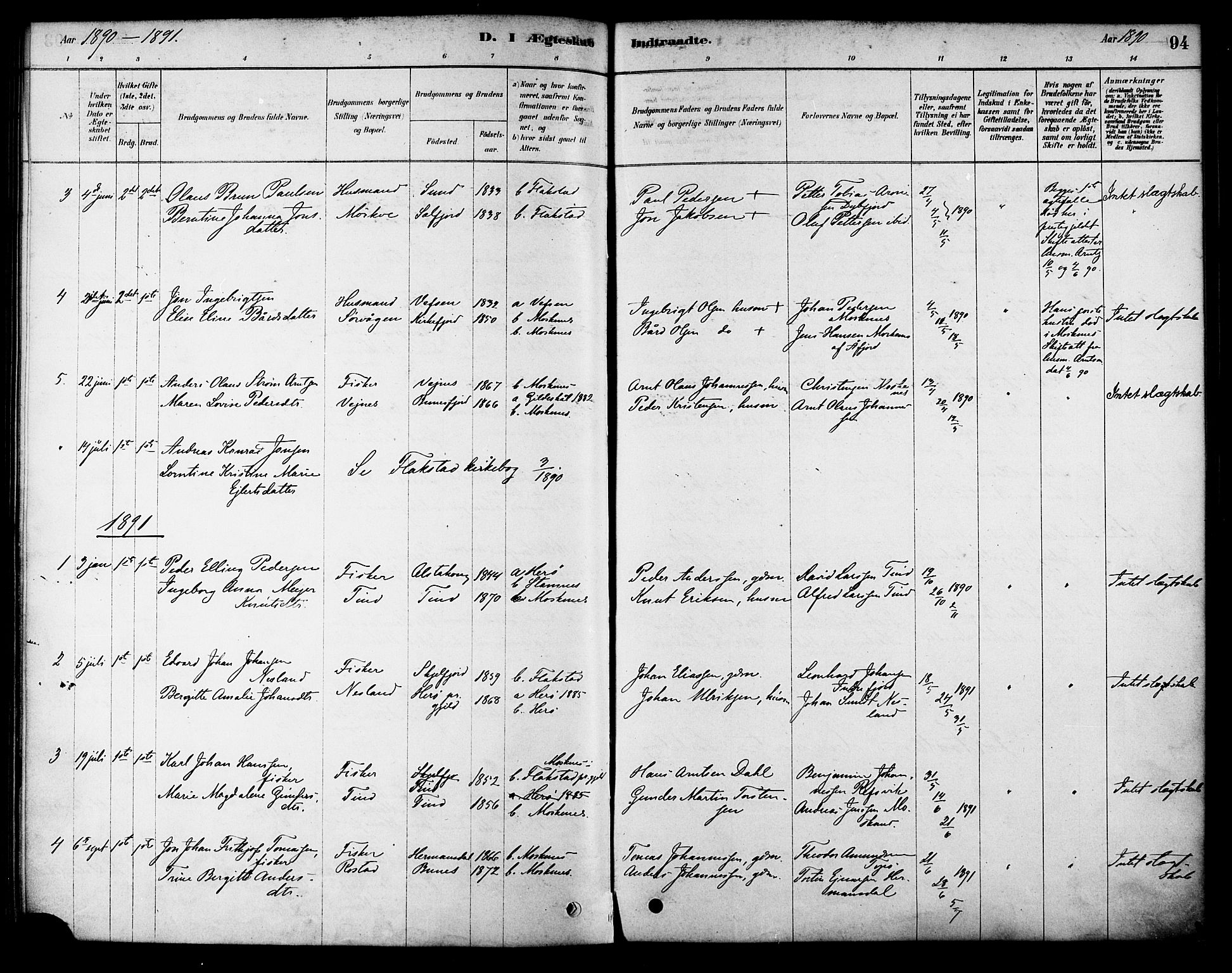 Ministerialprotokoller, klokkerbøker og fødselsregistre - Nordland, AV/SAT-A-1459/886/L1219: Parish register (official) no. 886A01, 1878-1892, p. 94