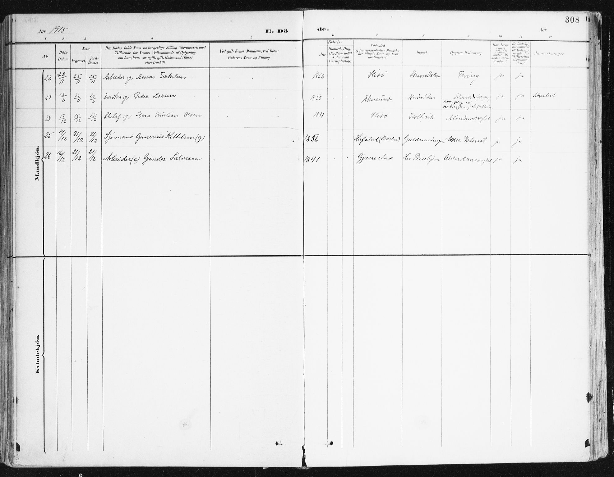 Hisøy sokneprestkontor, AV/SAK-1111-0020/F/Fa/L0004: Parish register (official) no. A 4, 1895-1917, p. 308