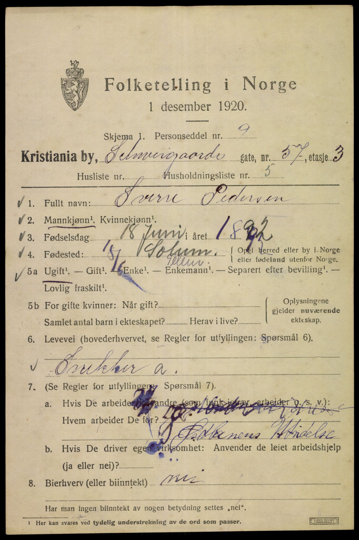 SAO, 1920 census for Kristiania, 1920, p. 494185