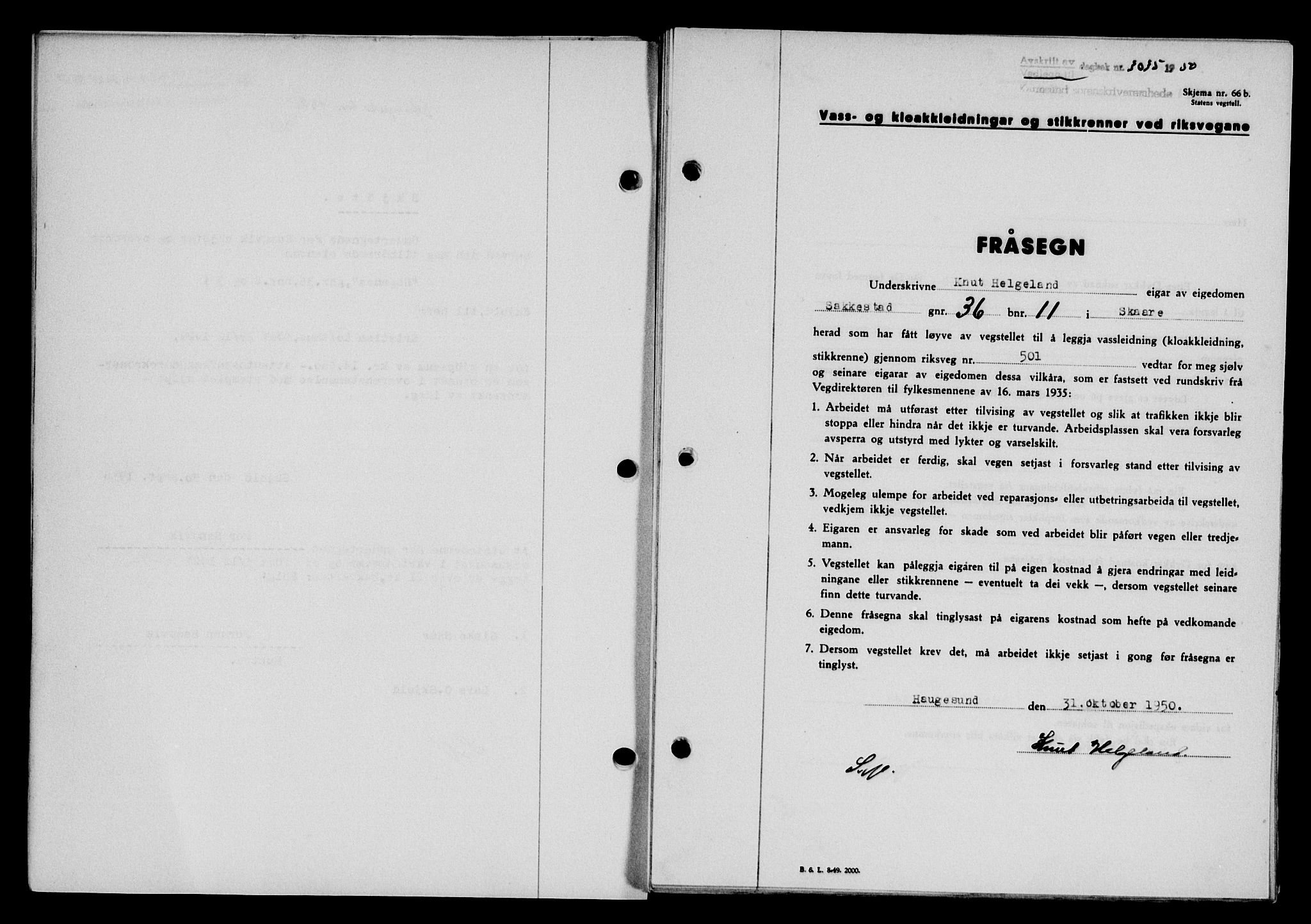 Karmsund sorenskriveri, SAST/A-100311/01/II/IIB/L0101: Mortgage book no. 81A, 1950-1951, Diary no: : 3035/1950