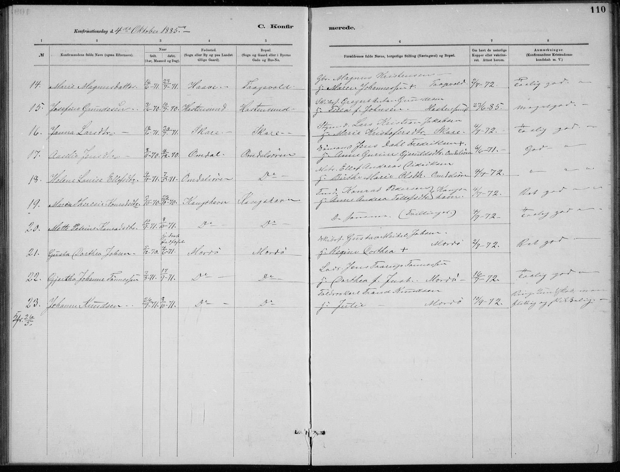 Tromøy sokneprestkontor, SAK/1111-0041/F/Fb/L0005: Parish register (copy) no. B 5, 1877-1891, p. 110