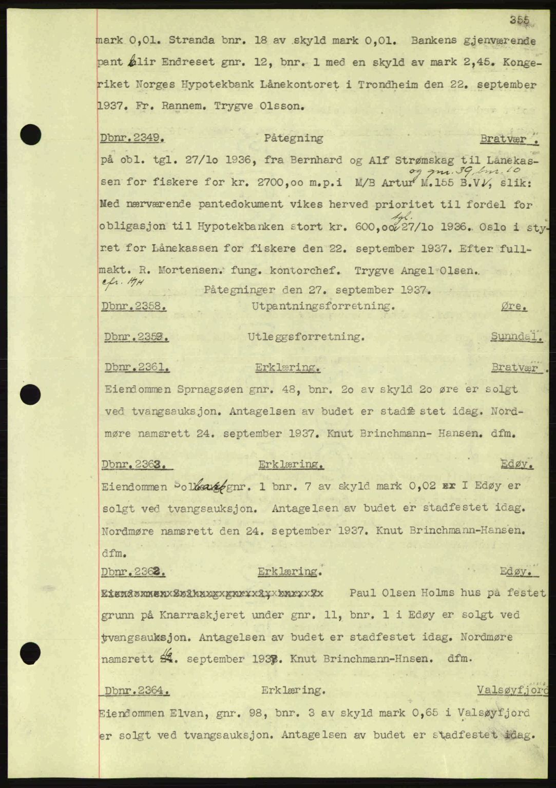 Nordmøre sorenskriveri, AV/SAT-A-4132/1/2/2Ca: Mortgage book no. C80, 1936-1939, Diary no: : 2349/1937