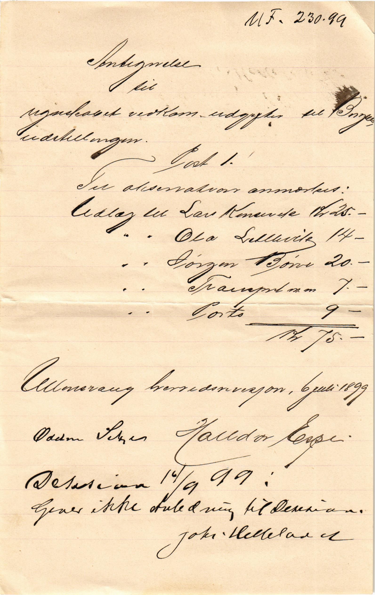 Ullensvang herad. Formannskapet , IKAH/1231b-021/E/Ea/L0009/0002: Emneordna, sideordna korrespondanse  / Rekneskap for utgifter til Bergenutstillingen , 1898-1899, p. 1