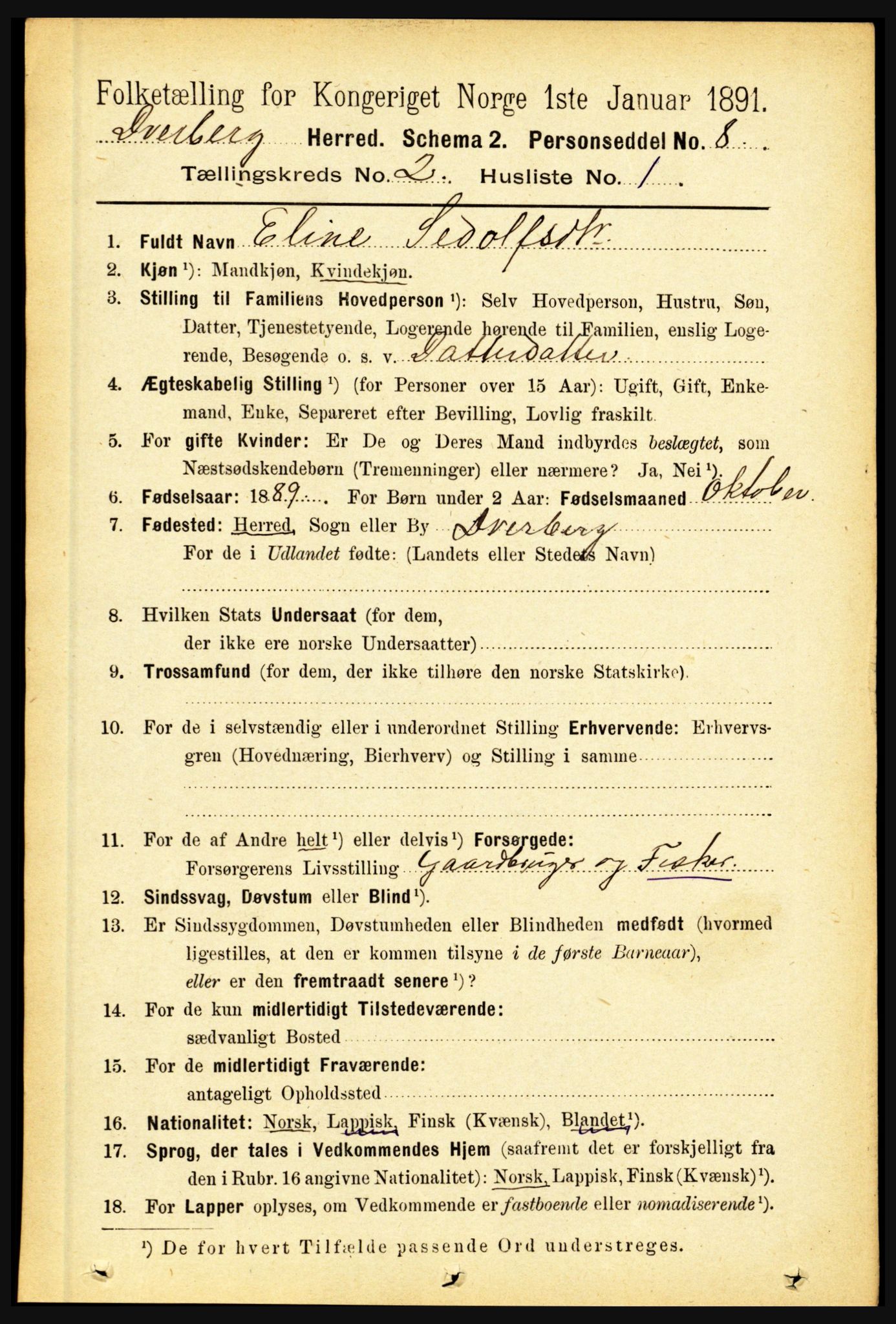 RA, 1891 census for 1872 Dverberg, 1891, p. 633