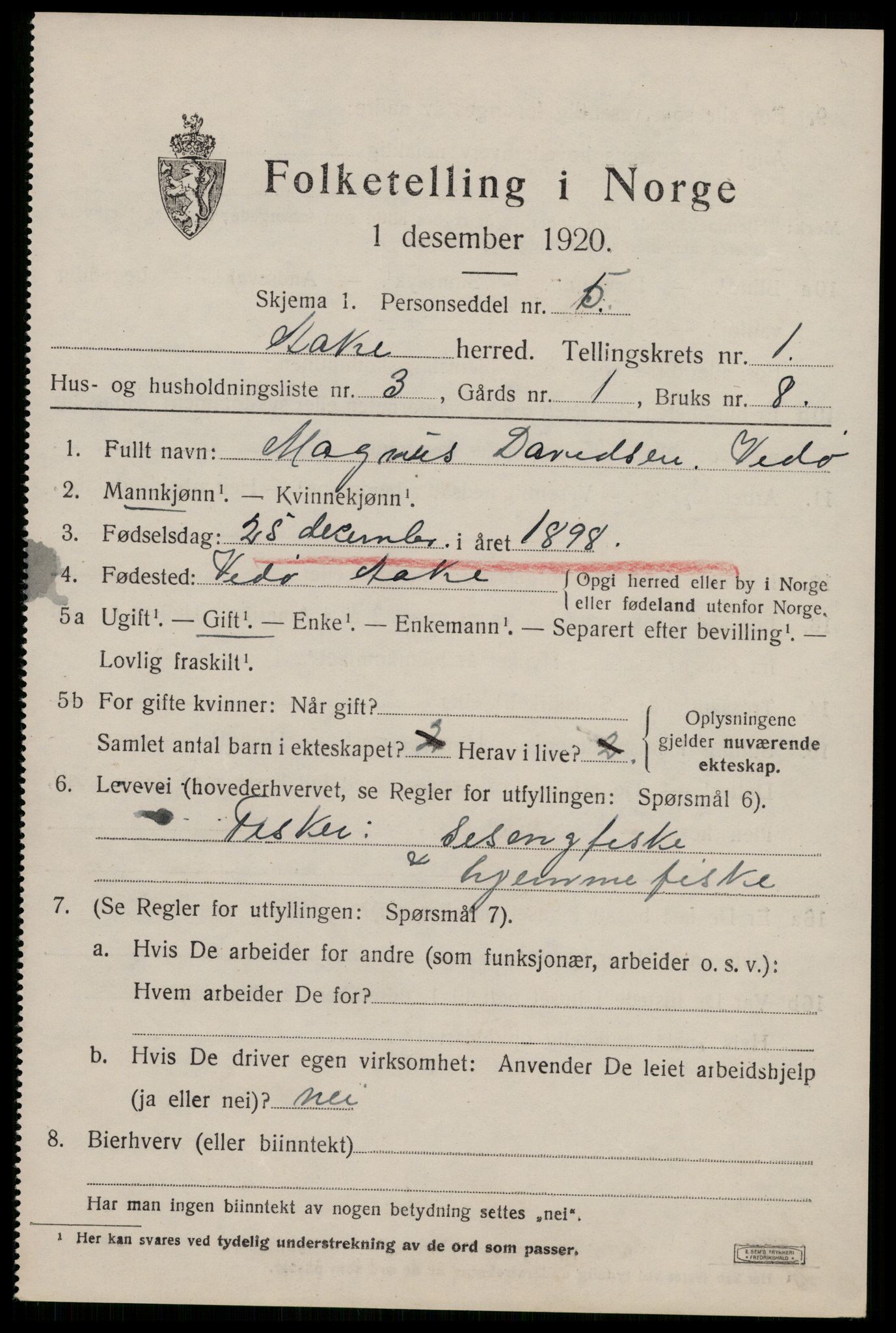 SAST, 1920 census for Åkra, 1920, p. 1294