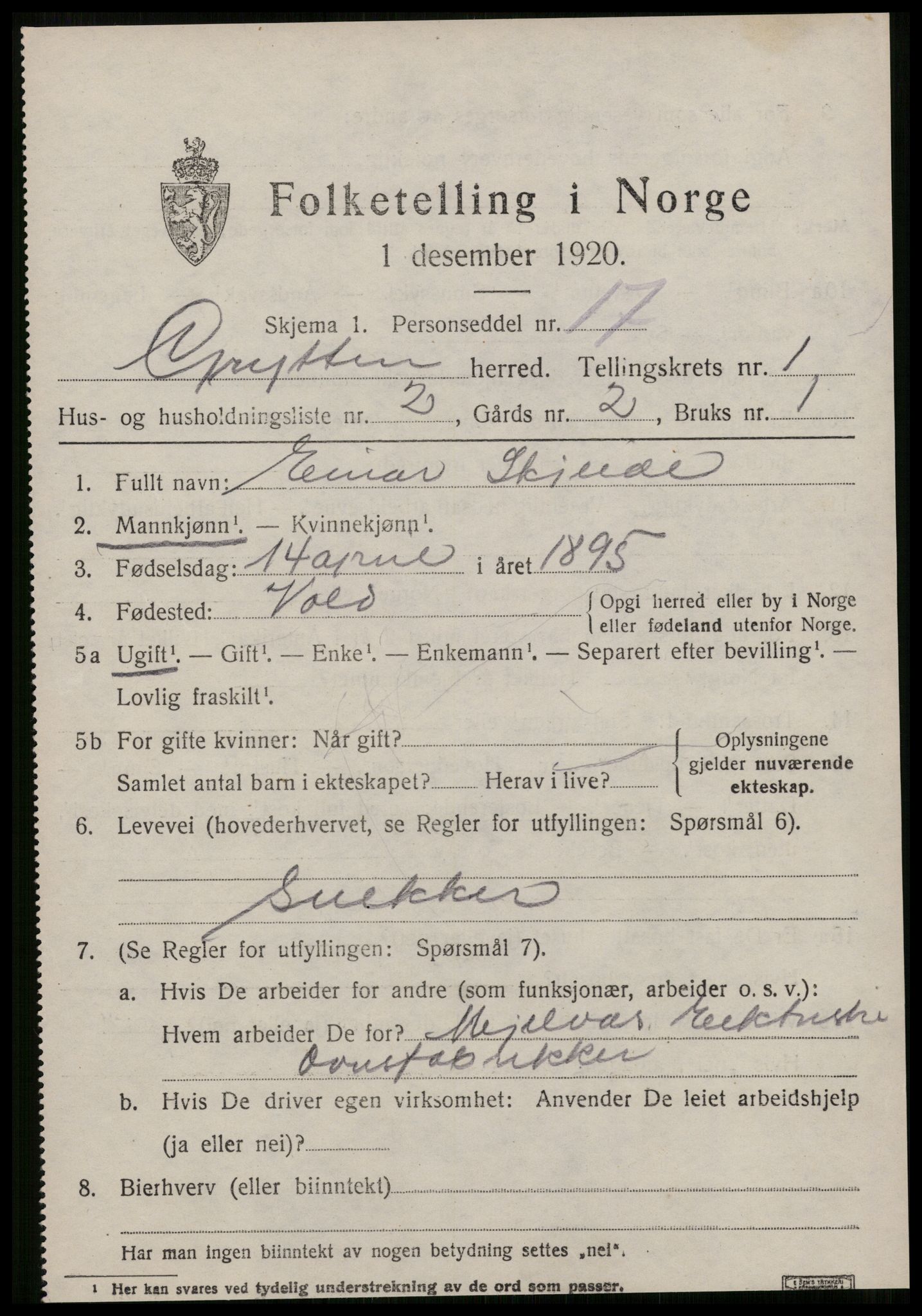 SAT, 1920 census for Grytten, 1920, p. 886