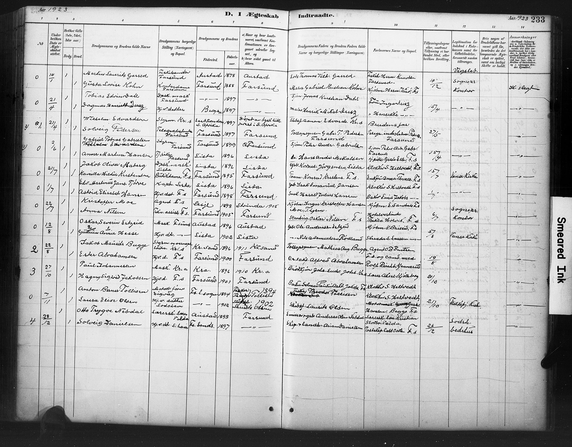 Farsund sokneprestkontor, AV/SAK-1111-0009/F/Fb/L0001: Parish register (copy) no. B 1, 1886-1931, p. 233