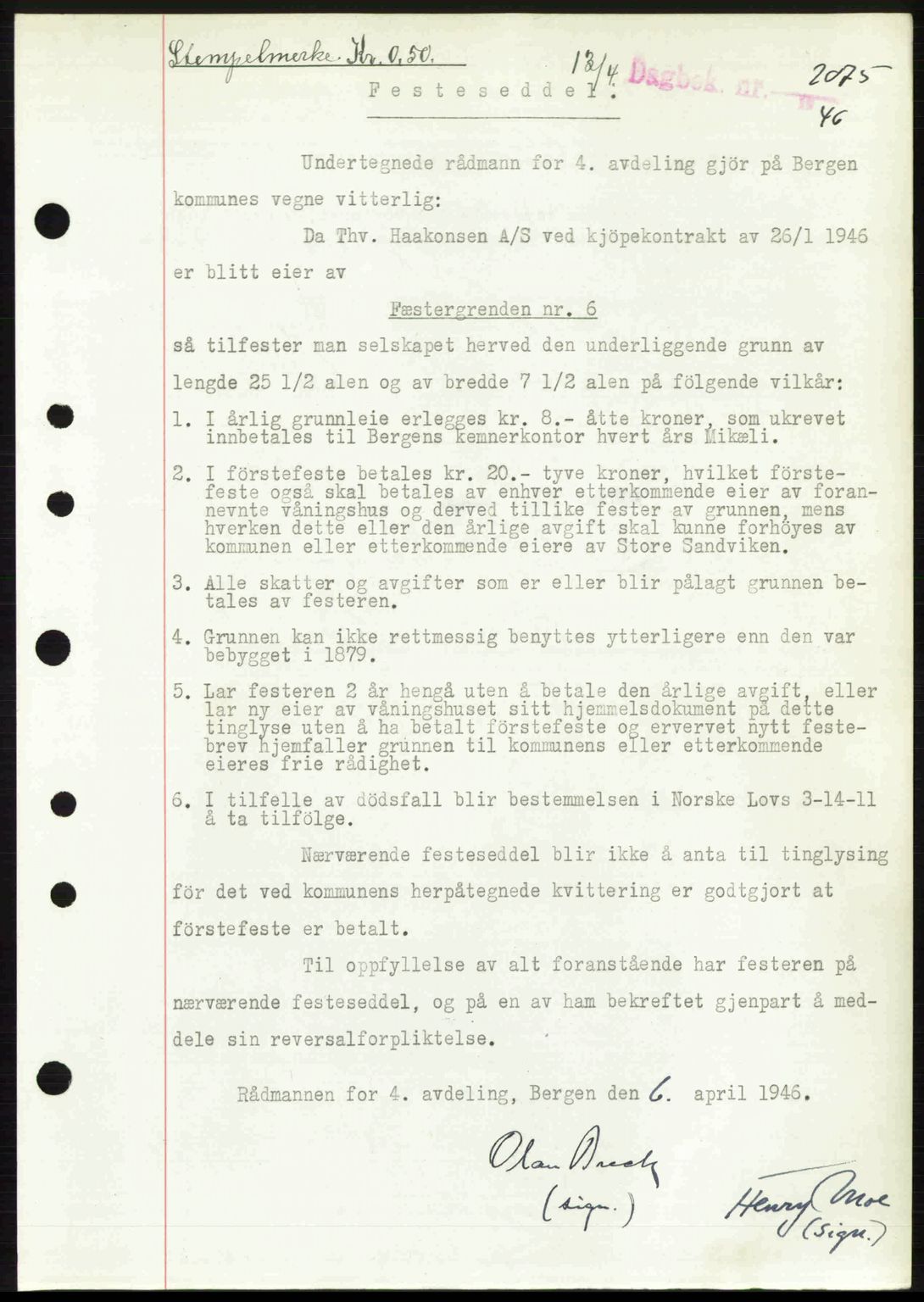 Byfogd og Byskriver i Bergen, SAB/A-3401/03/03Bc/L0022: Mortgage book no. A18, 1946-1946, Diary no: : 2075/1946