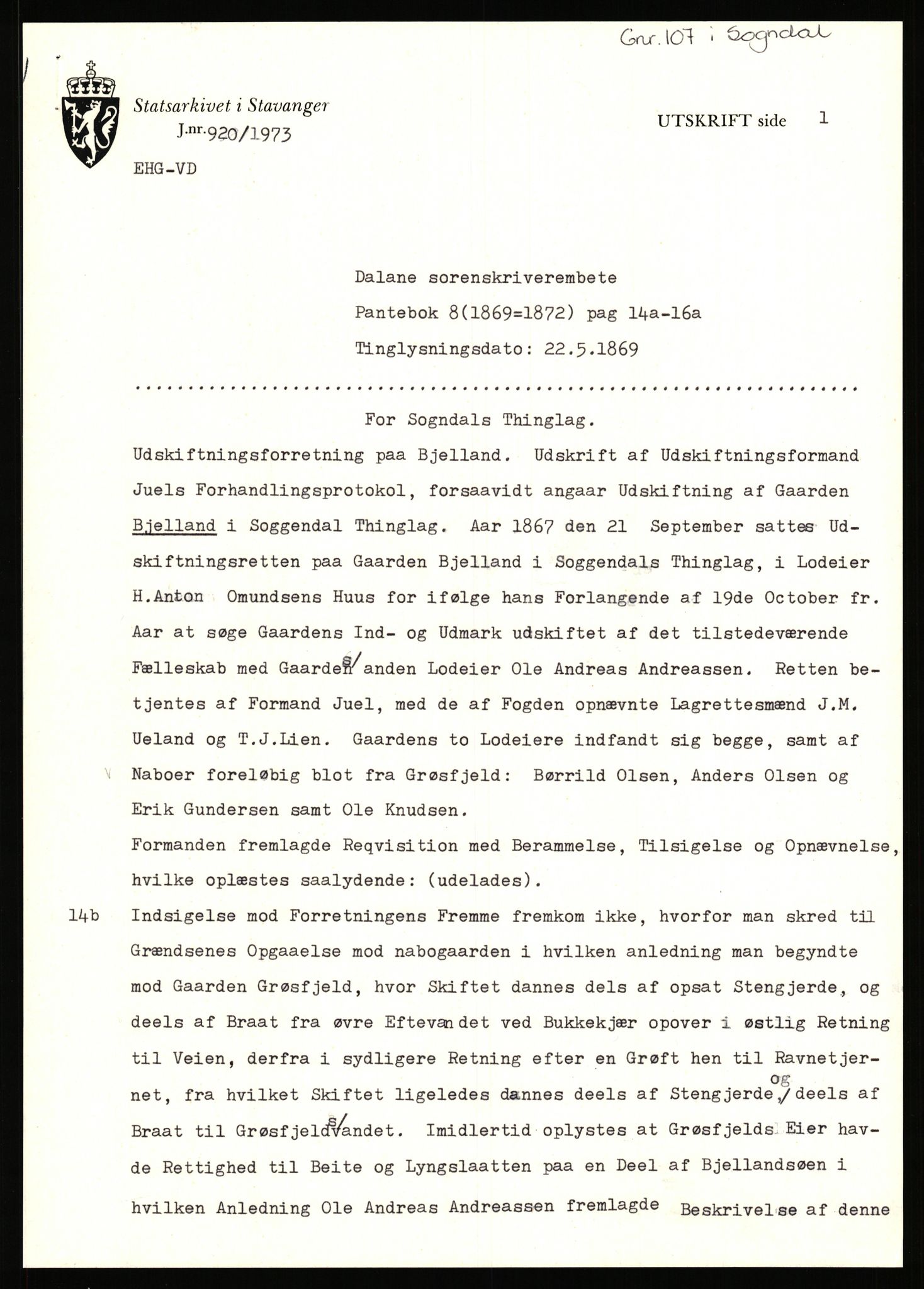 Statsarkivet i Stavanger, SAST/A-101971/03/Y/Yj/L0008: Avskrifter sortert etter gårdsnavn: Birkeland indre - Bjerge, 1750-1930, p. 498