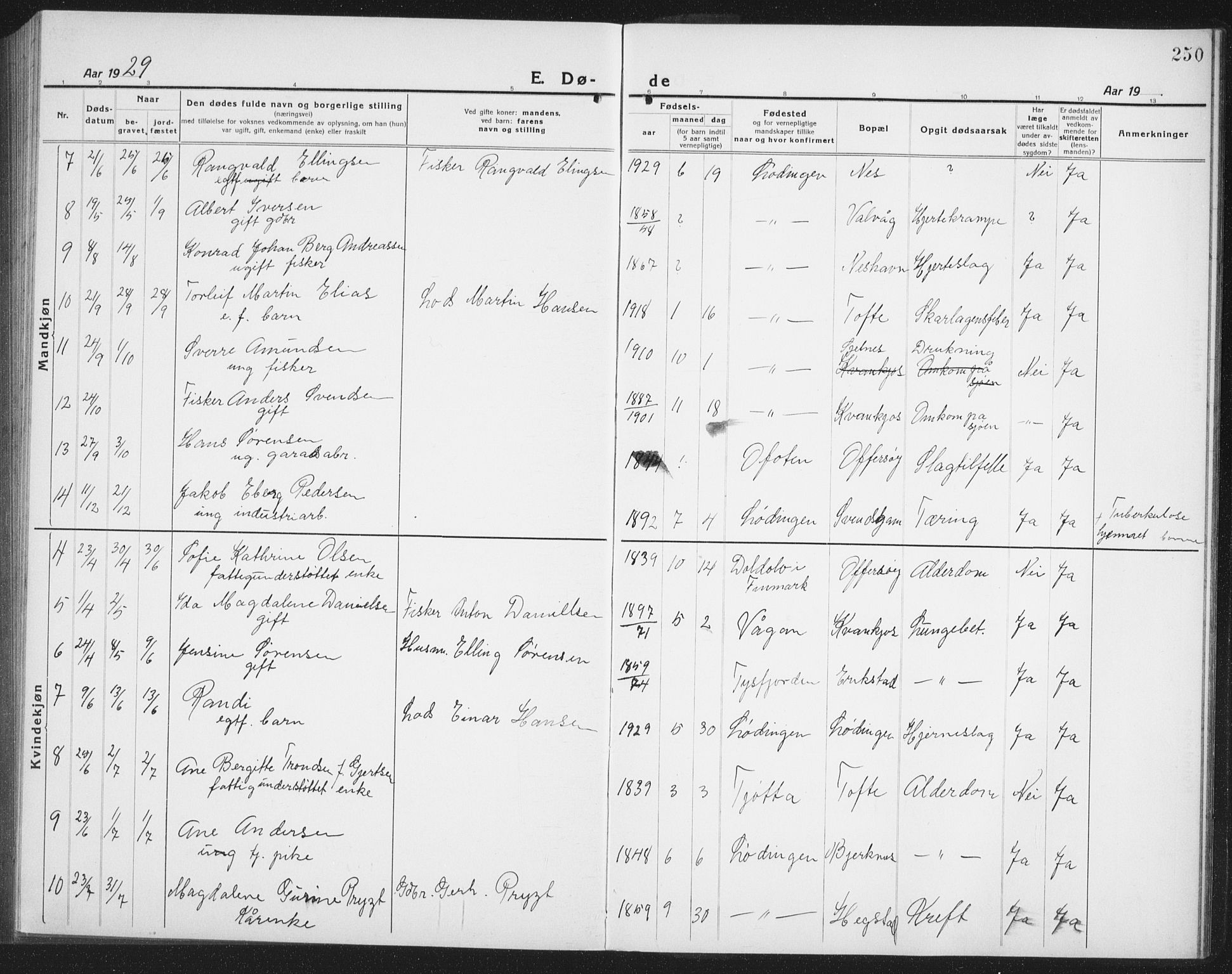 Ministerialprotokoller, klokkerbøker og fødselsregistre - Nordland, AV/SAT-A-1459/872/L1049: Parish register (copy) no. 872C05, 1920-1938, p. 250