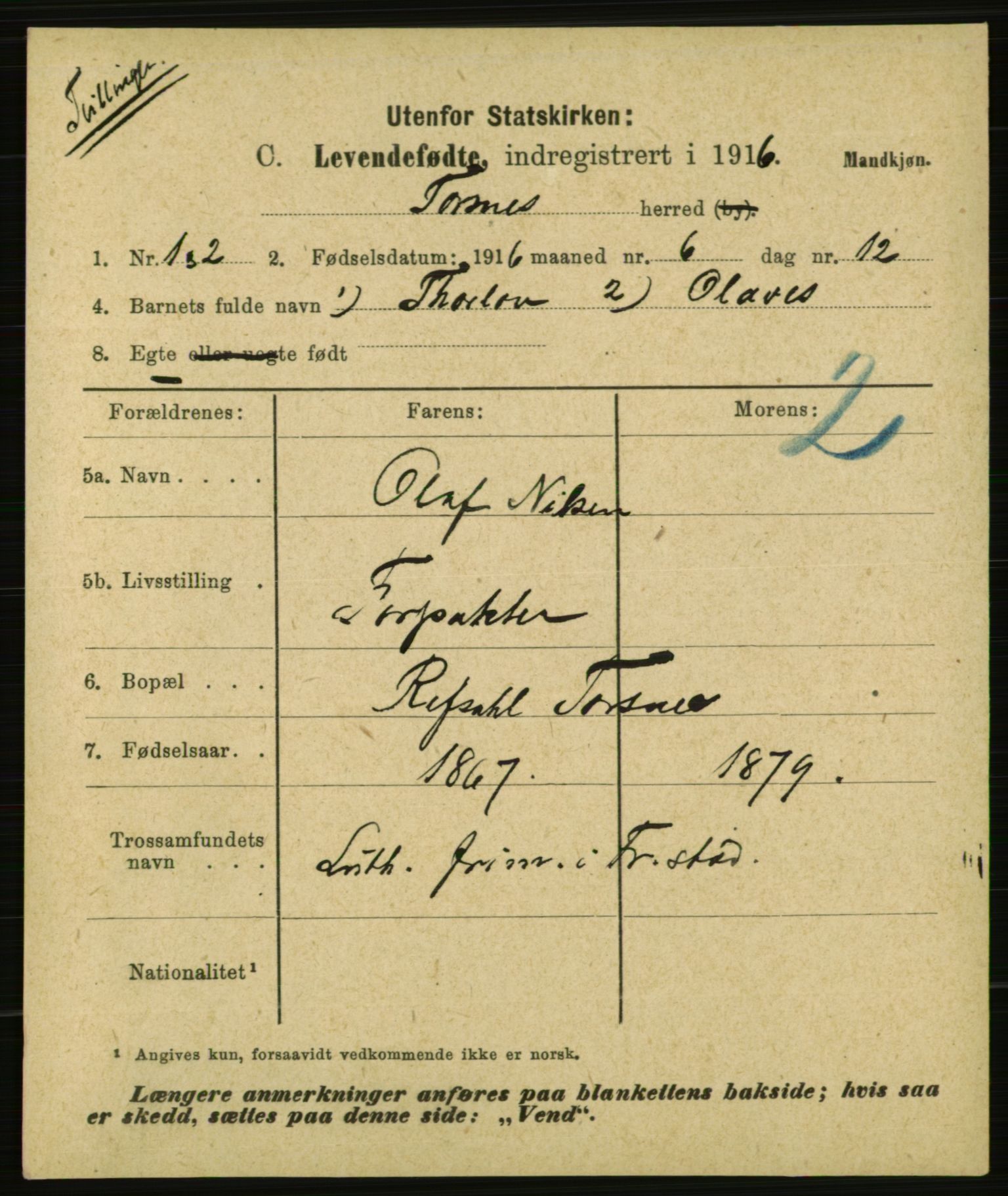 Statistisk sentralbyrå, Sosiodemografiske emner, Befolkning, AV/RA-S-2228/E/L0014: Fødte, gifte, døde dissentere., 1916, p. 3005