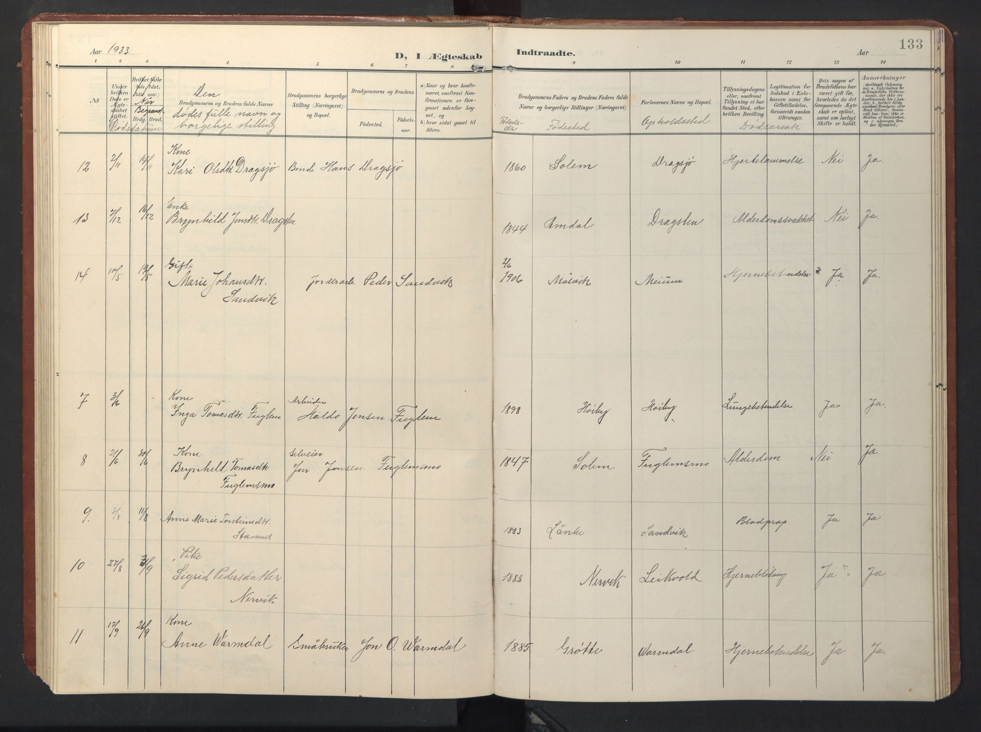 Ministerialprotokoller, klokkerbøker og fødselsregistre - Sør-Trøndelag, SAT/A-1456/696/L1161: Parish register (copy) no. 696C01, 1902-1950, p. 133
