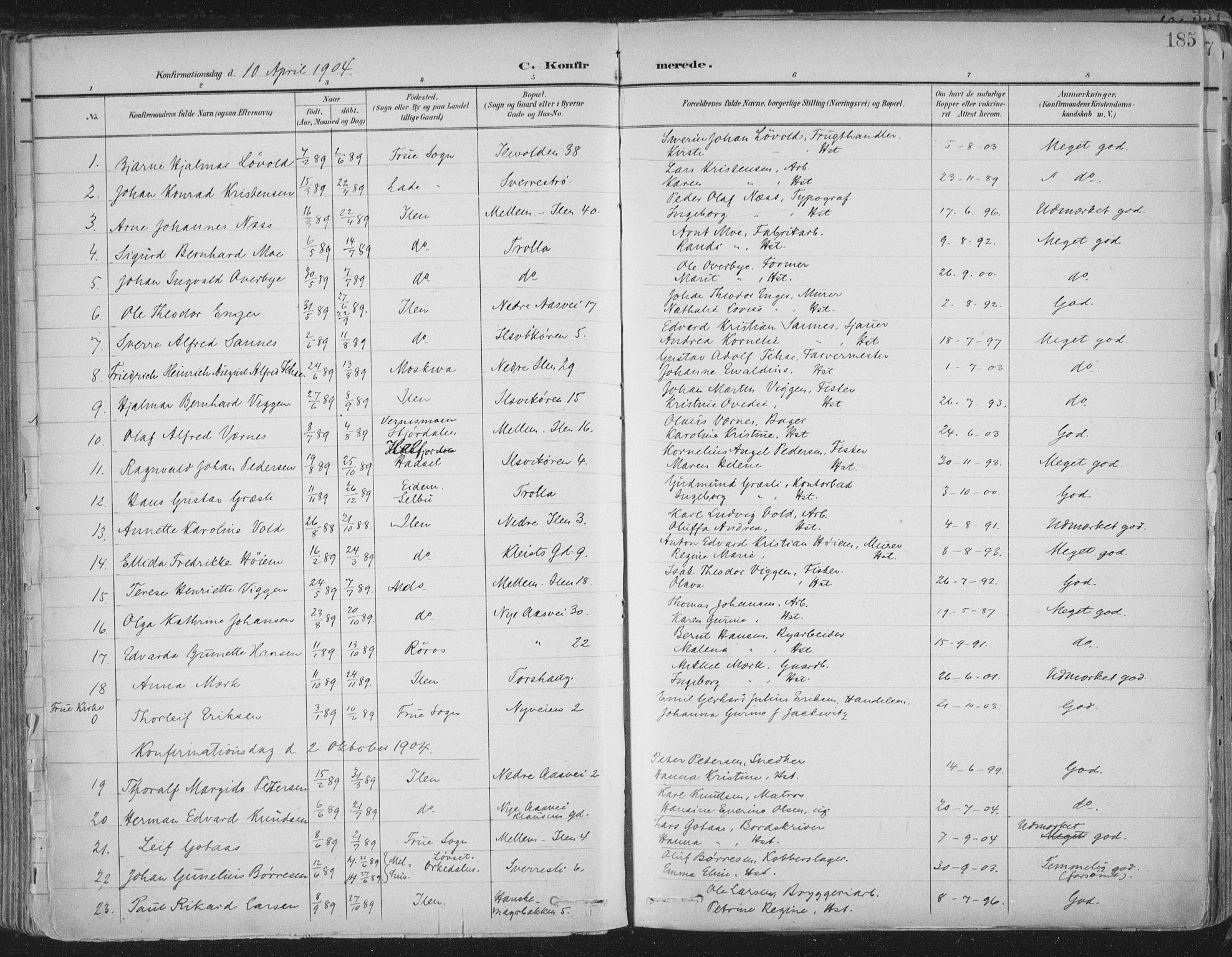 Ministerialprotokoller, klokkerbøker og fødselsregistre - Sør-Trøndelag, SAT/A-1456/603/L0167: Parish register (official) no. 603A06, 1896-1932, p. 185
