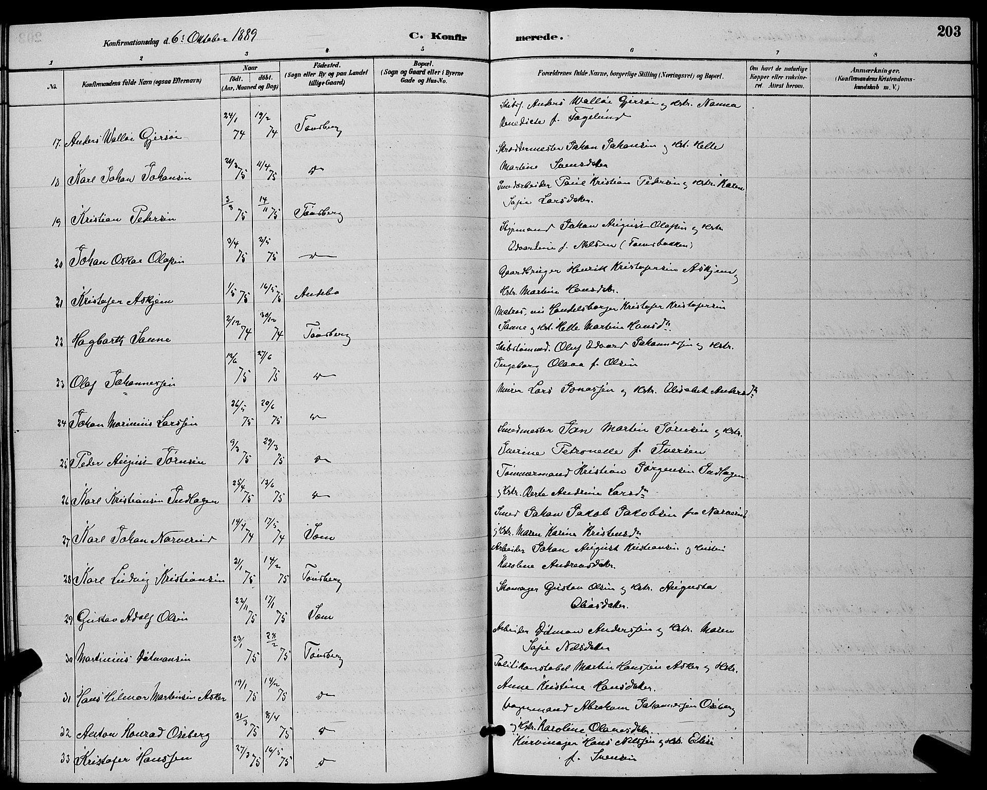 Tønsberg kirkebøker, AV/SAKO-A-330/G/Ga/L0006: Parish register (copy) no. 6, 1885-1895, p. 203