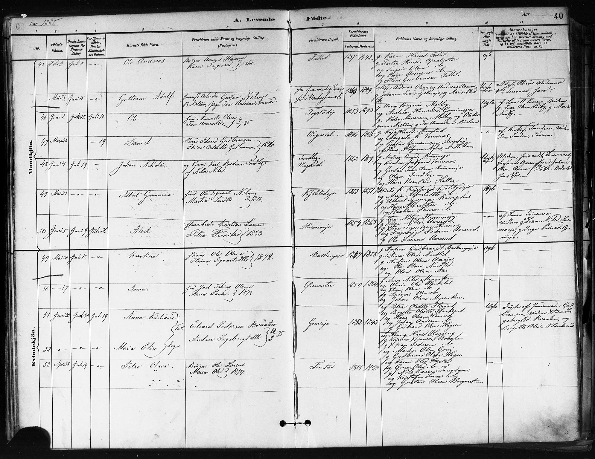 Nes prestekontor Kirkebøker, SAO/A-10410/F/Fa/L0010: Parish register (official) no. I 10, 1883-1898, p. 40