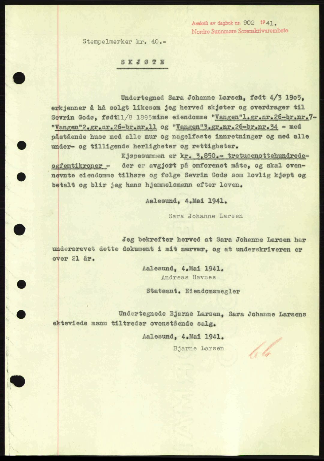 Nordre Sunnmøre sorenskriveri, AV/SAT-A-0006/1/2/2C/2Ca: Mortgage book no. A11, 1941-1941, Diary no: : 902/1941