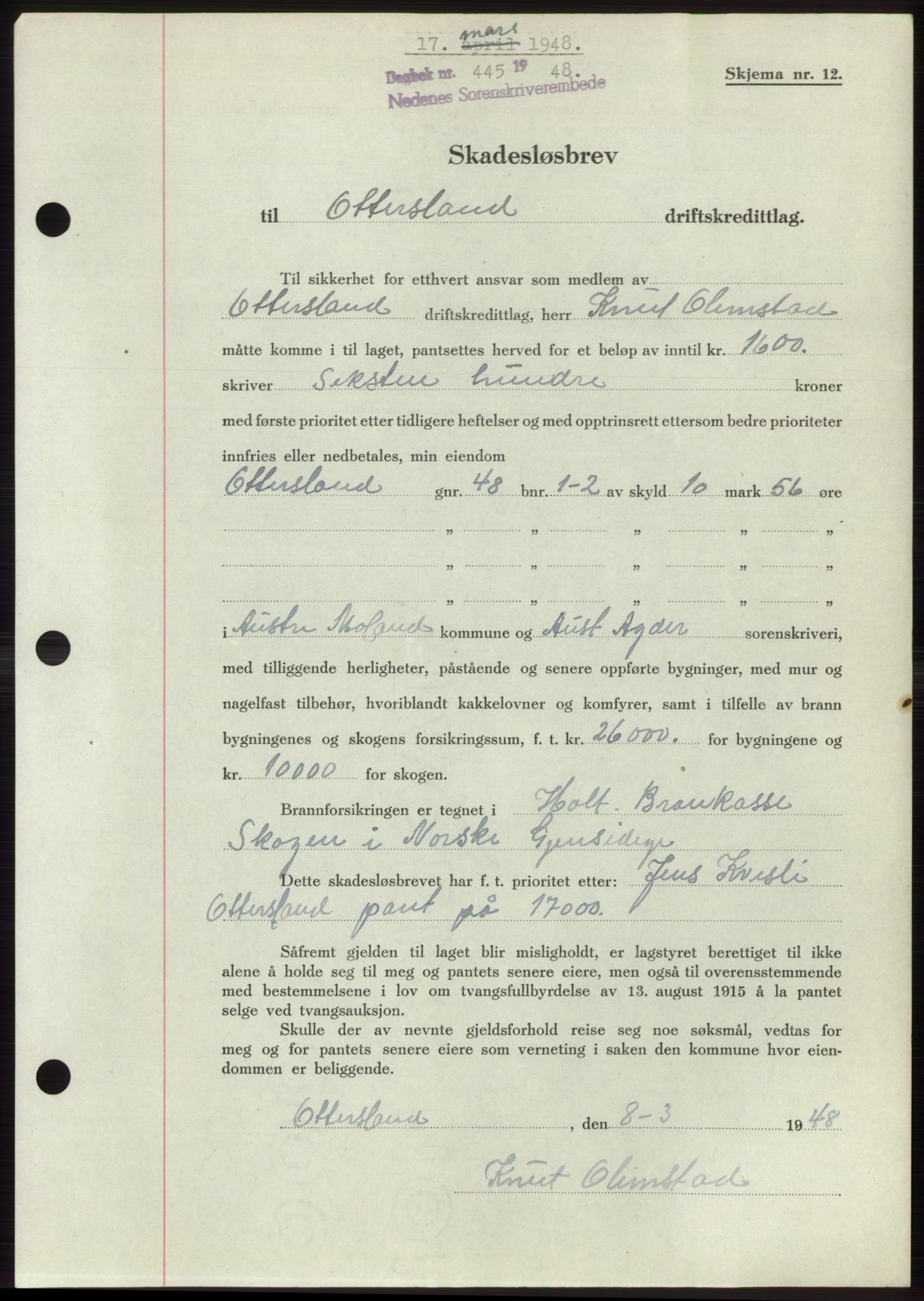 Nedenes sorenskriveri, AV/SAK-1221-0006/G/Gb/Gbb/L0005: Mortgage book no. B5, 1948-1948, Diary no: : 445/1948