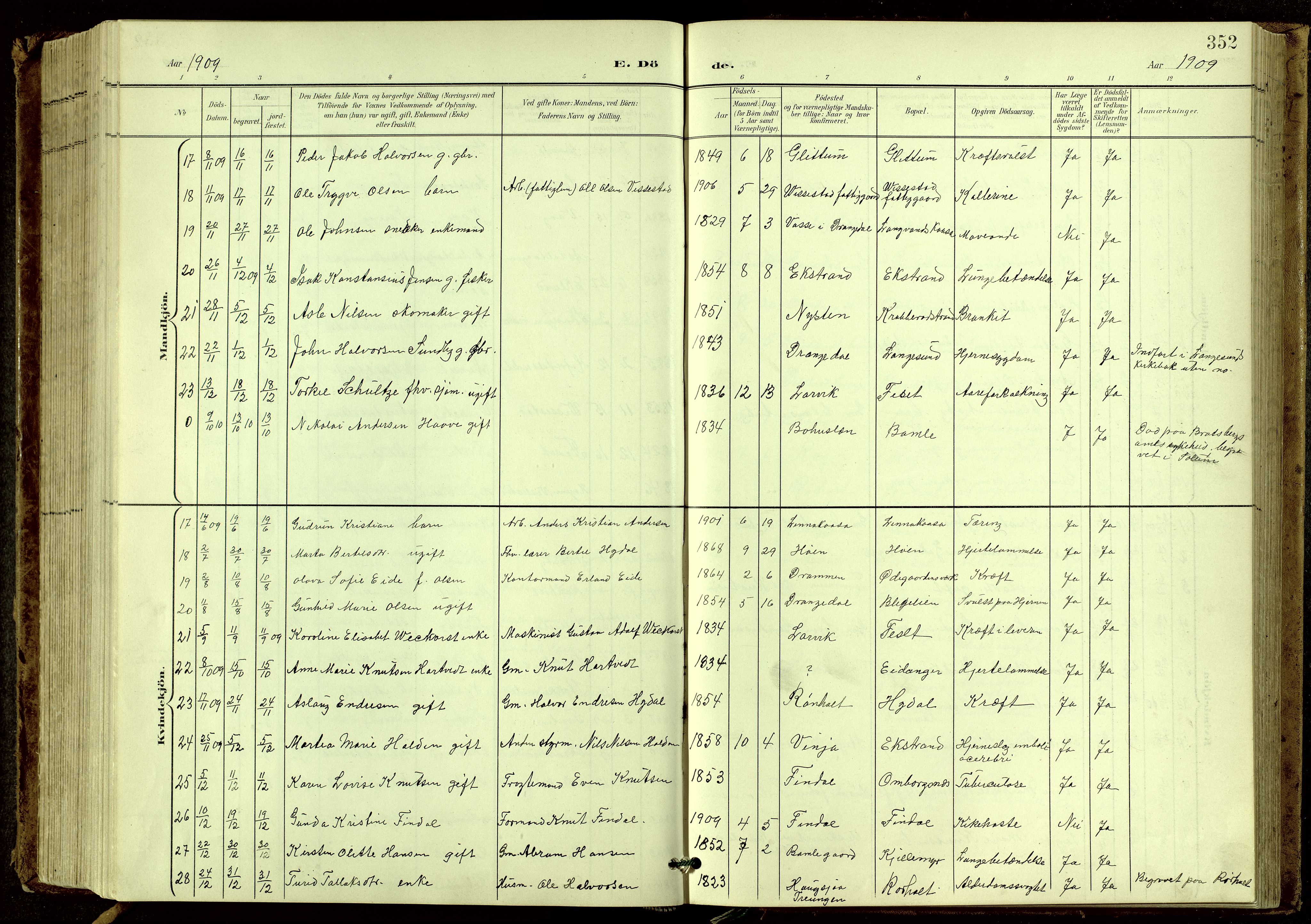 Bamble kirkebøker, SAKO/A-253/G/Ga/L0010: Parish register (copy) no. I 10, 1901-1919, p. 352
