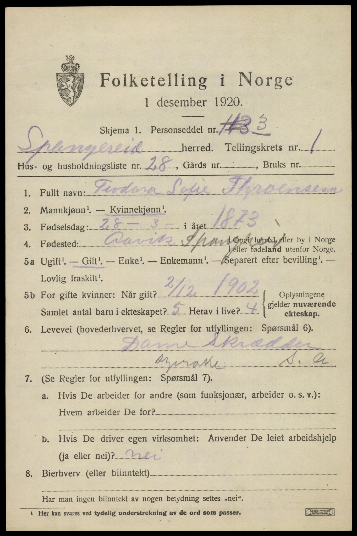 SAK, 1920 census for Spangereid, 1920, p. 1055