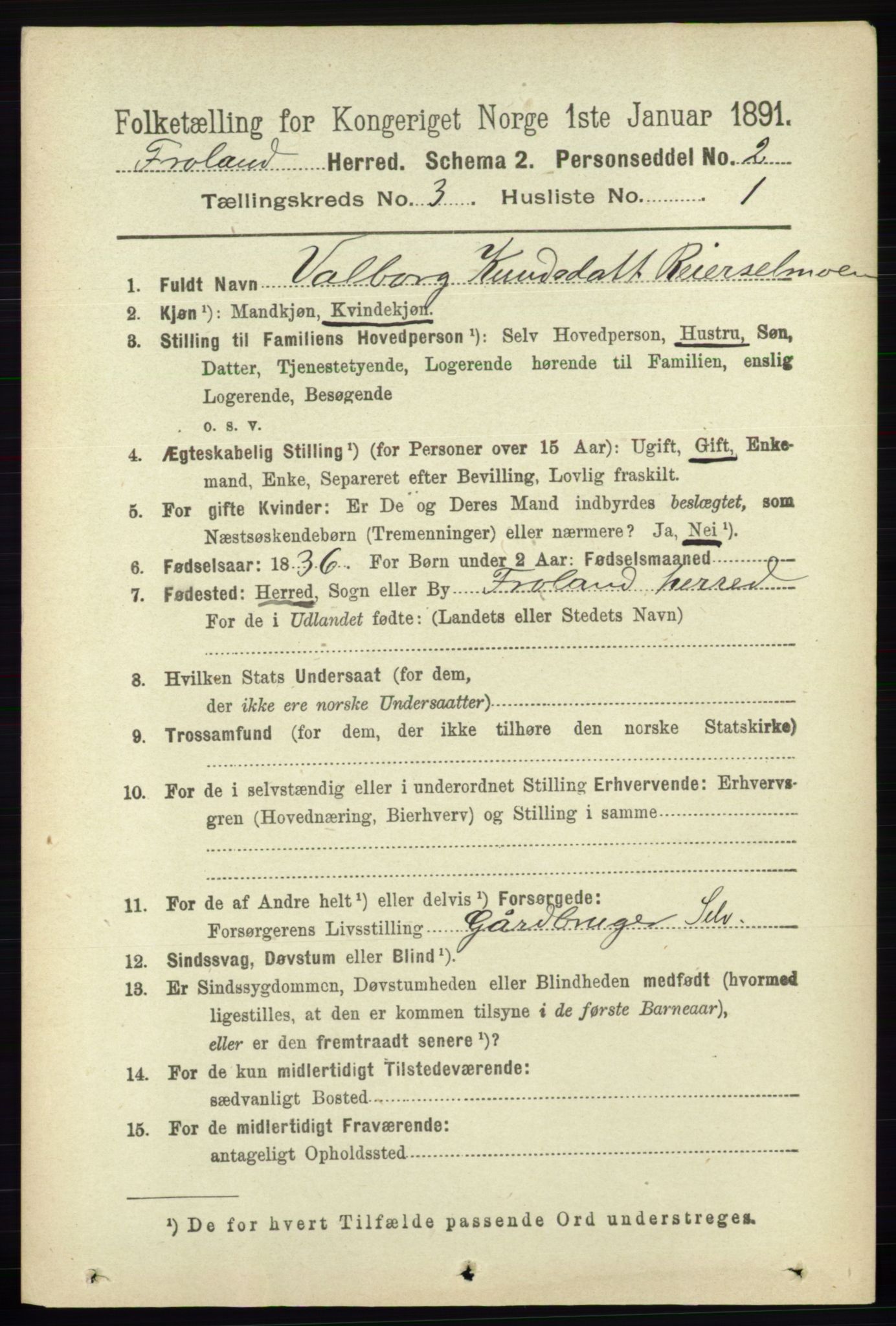 RA, 1891 census for 0919 Froland, 1891, p. 1016