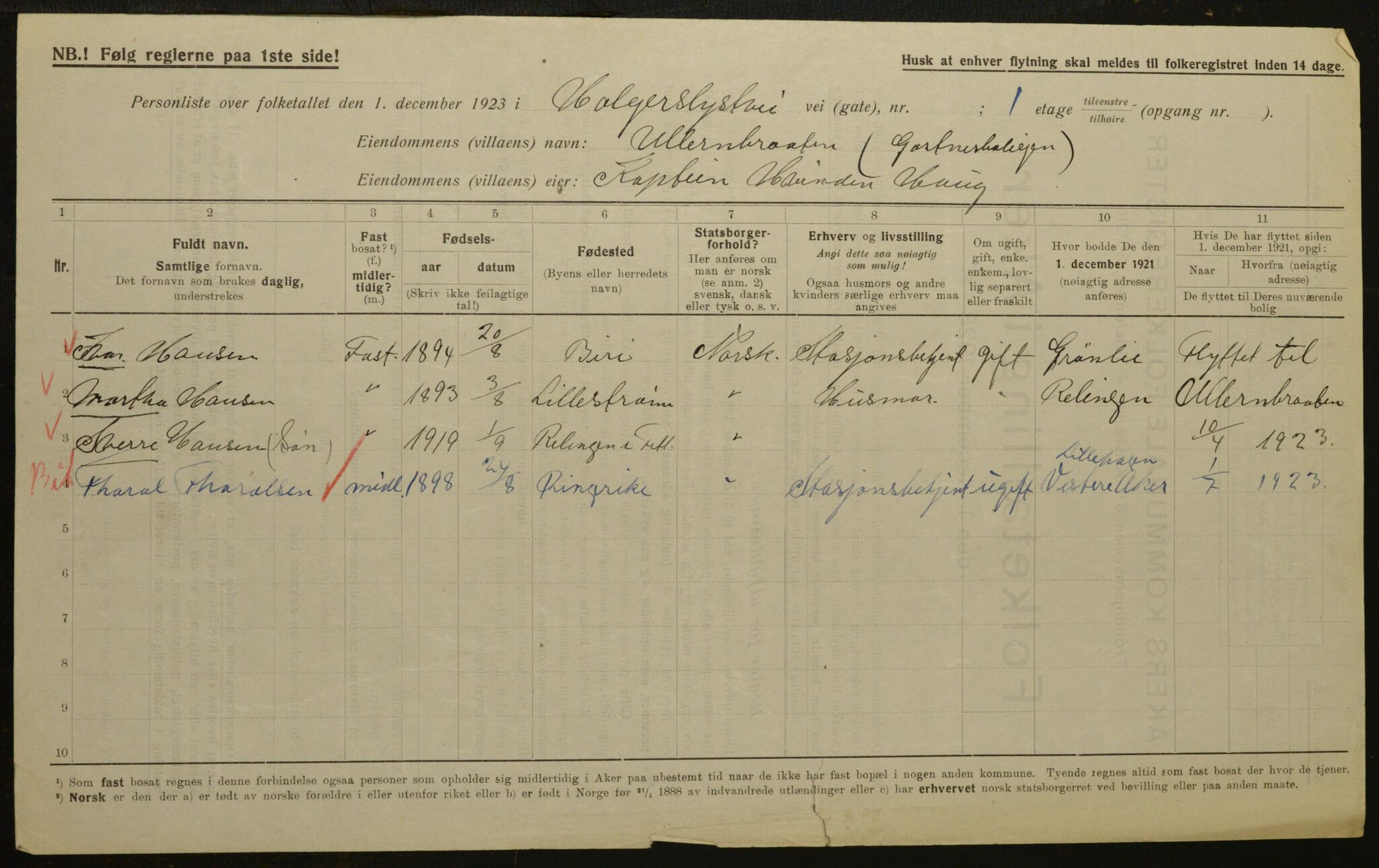 , Municipal Census 1923 for Aker, 1923, p. 2677