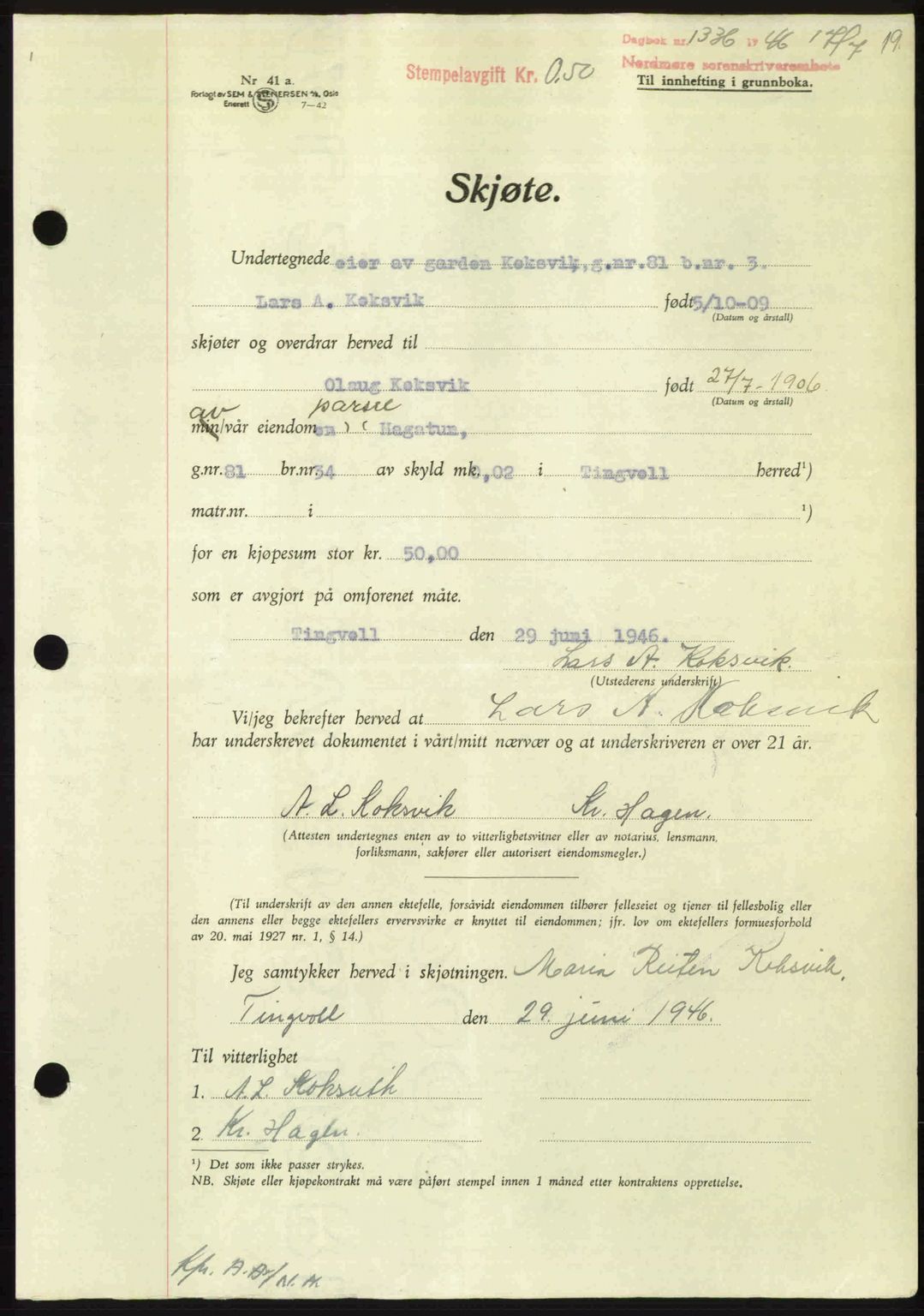 Nordmøre sorenskriveri, AV/SAT-A-4132/1/2/2Ca: Mortgage book no. A102, 1946-1946, Diary no: : 1336/1946