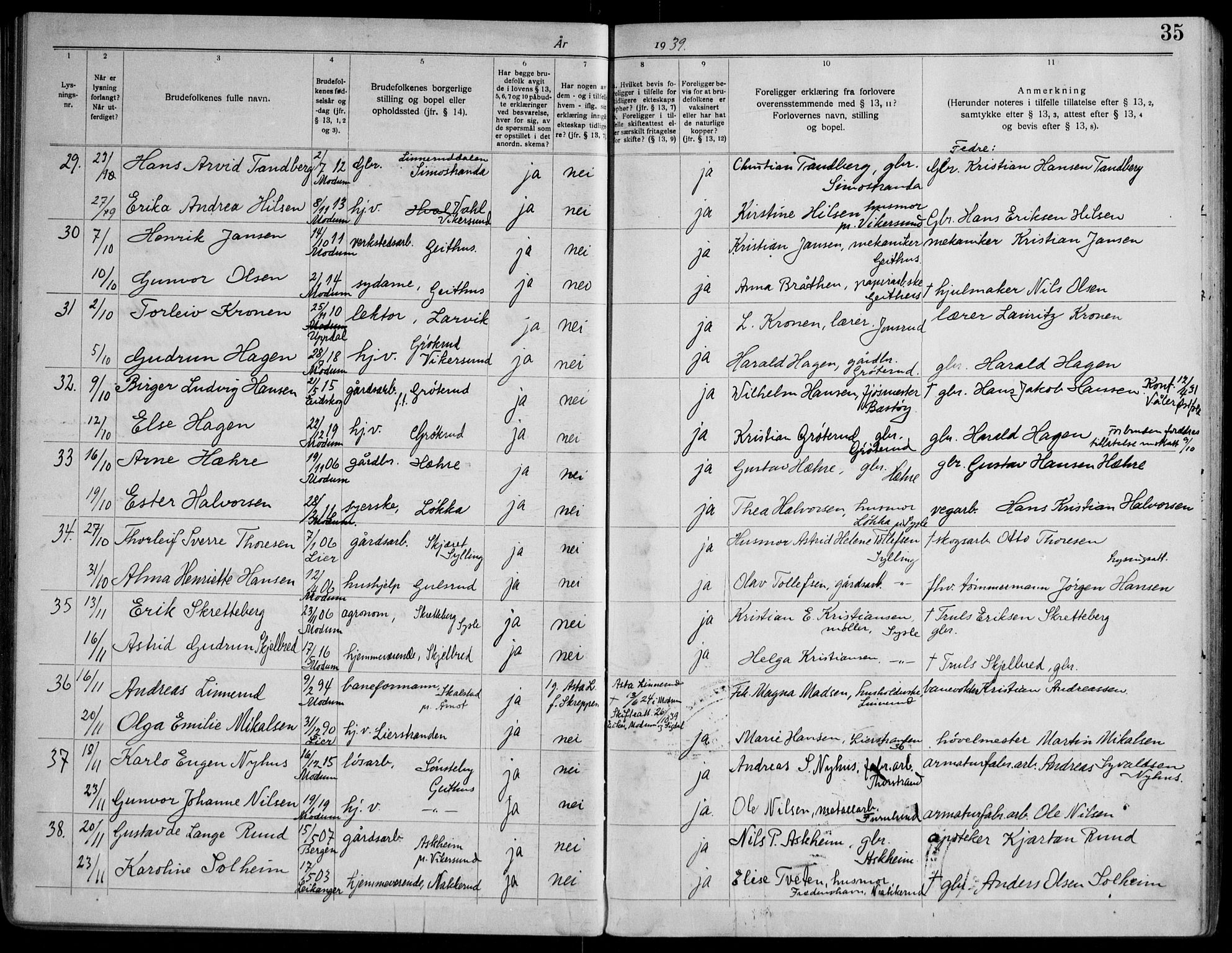 Modum kirkebøker, AV/SAKO-A-234/H/Ha/L0004: Banns register no. I 4, 1934-1947, p. 35