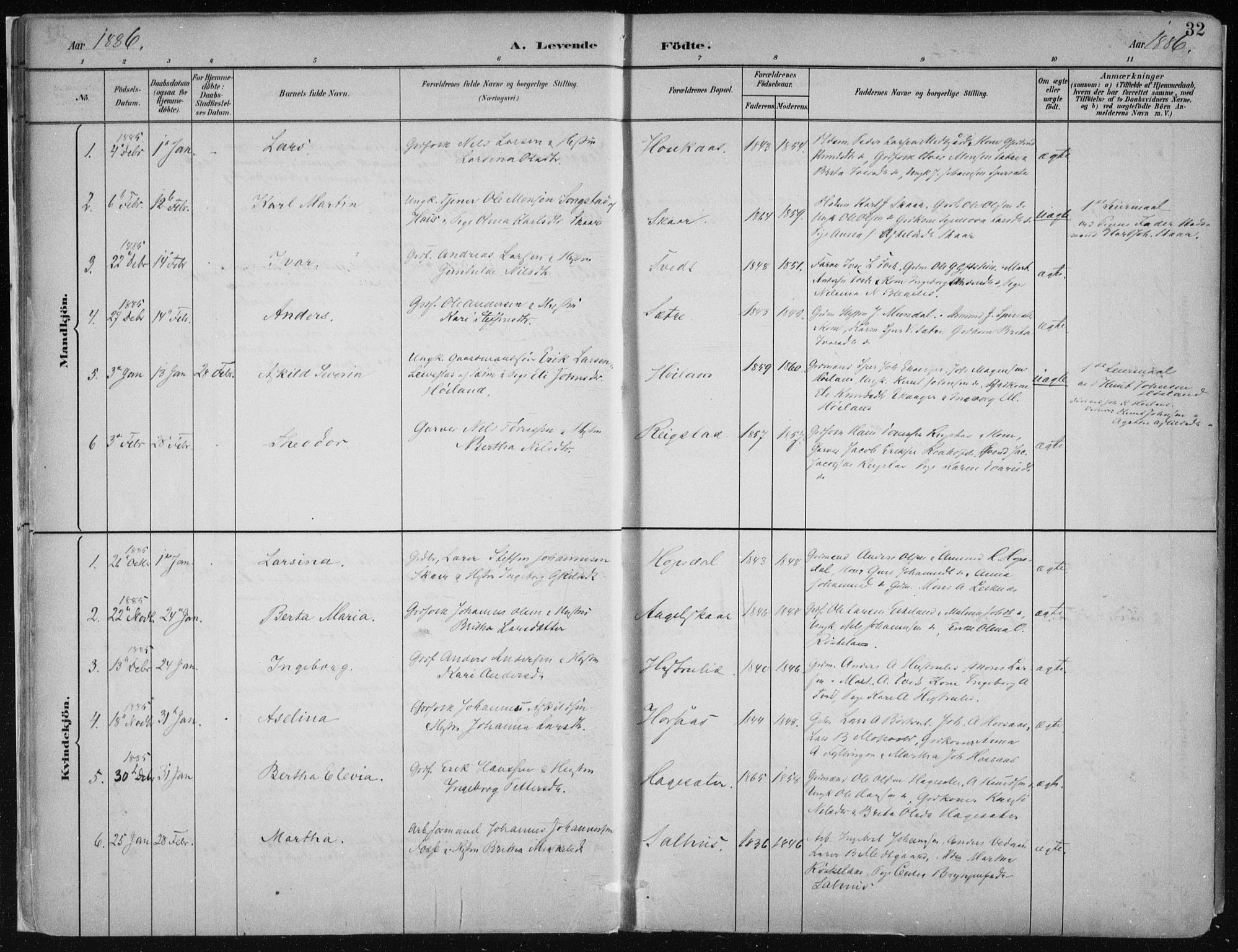 Hamre sokneprestembete, SAB/A-75501/H/Ha/Haa/Haab/L0001: Parish register (official) no. B  1, 1882-1905, p. 32