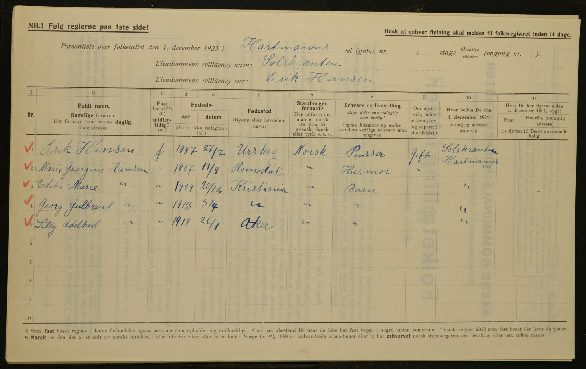 , Municipal Census 1923 for Aker, 1923, p. 2272