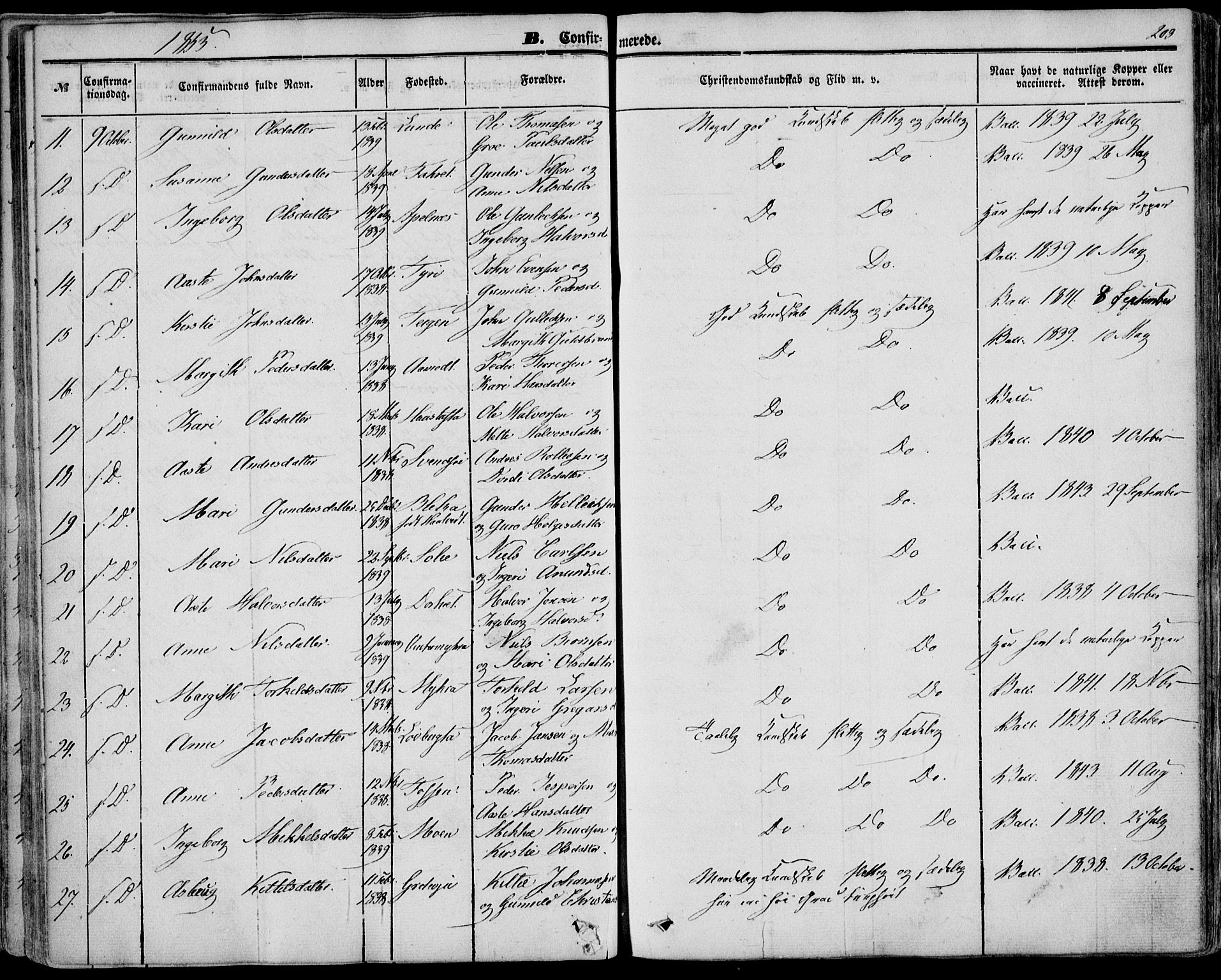 Bø kirkebøker, AV/SAKO-A-257/F/Fa/L0008: Parish register (official) no. 8, 1849-1861, p. 203