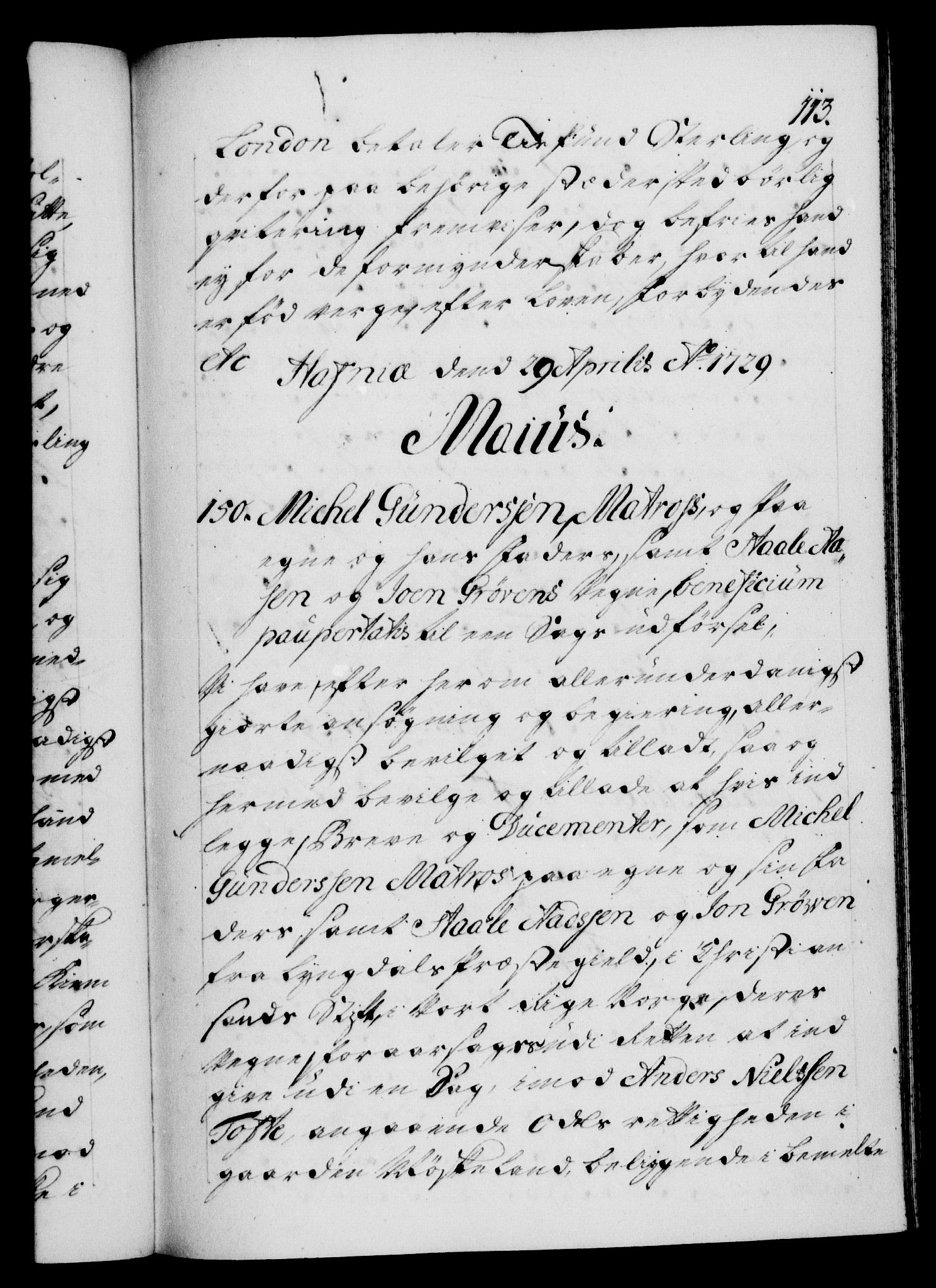 Danske Kanselli 1572-1799, AV/RA-EA-3023/F/Fc/Fca/Fcaa/L0026: Norske registre, 1729-1730, p. 113a