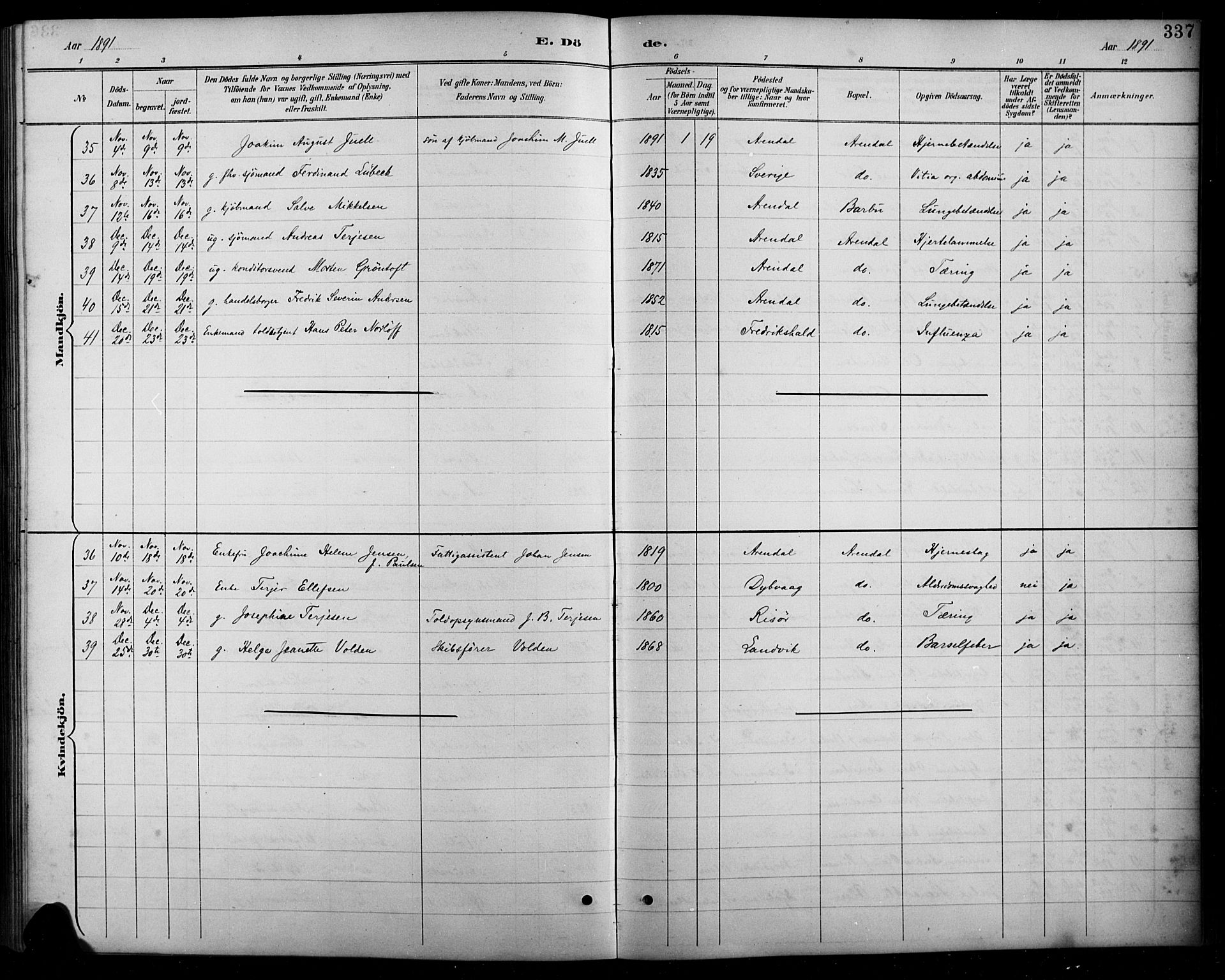 Arendal sokneprestkontor, Trefoldighet, AV/SAK-1111-0040/F/Fb/L0006: Parish register (copy) no. B 6, 1889-1916, p. 337