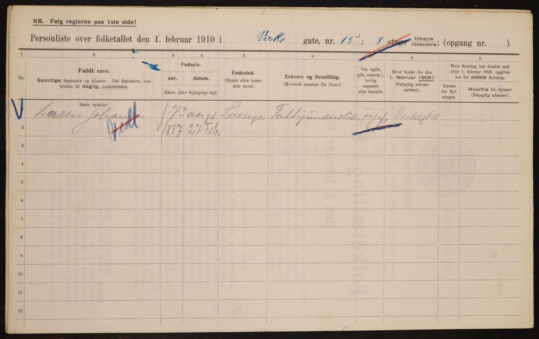 OBA, Municipal Census 1910 for Kristiania, 1910, p. 115624