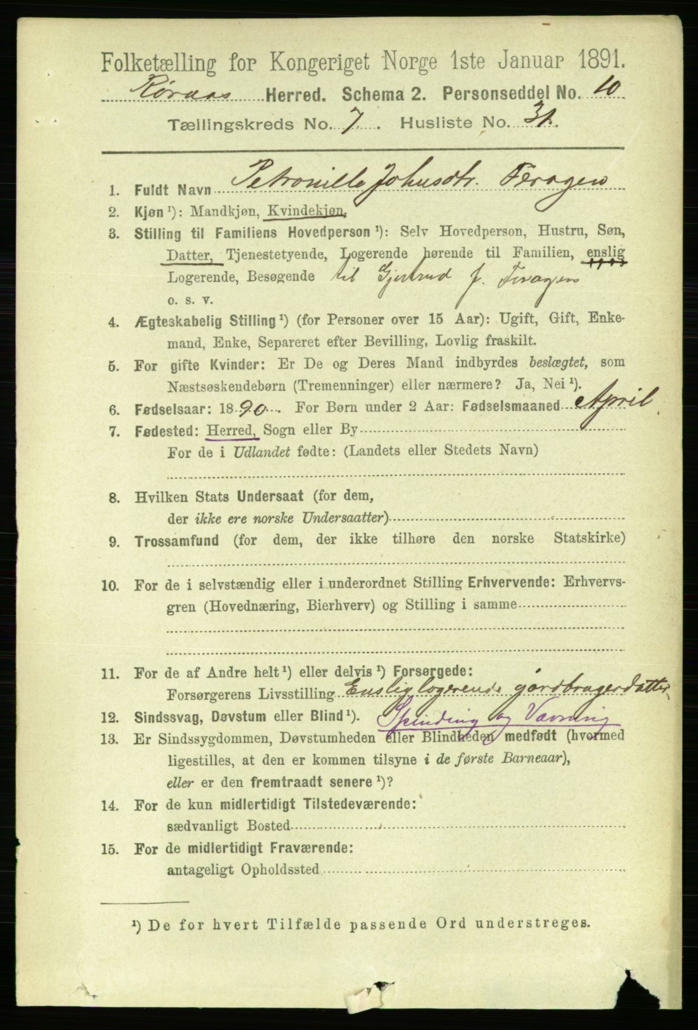 RA, 1891 census for 1640 Røros, 1891, p. 1575