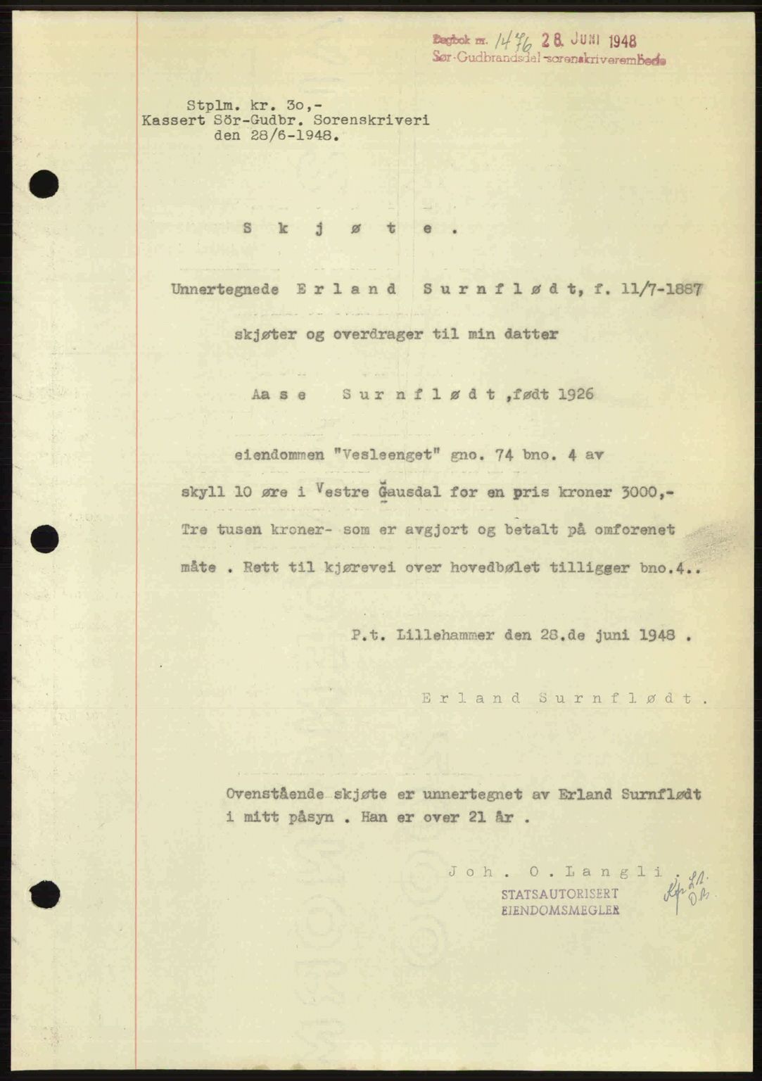Sør-Gudbrandsdal tingrett, SAH/TING-004/H/Hb/Hbd/L0022: Mortgage book no. A22, 1948-1948, Diary no: : 1476/1948