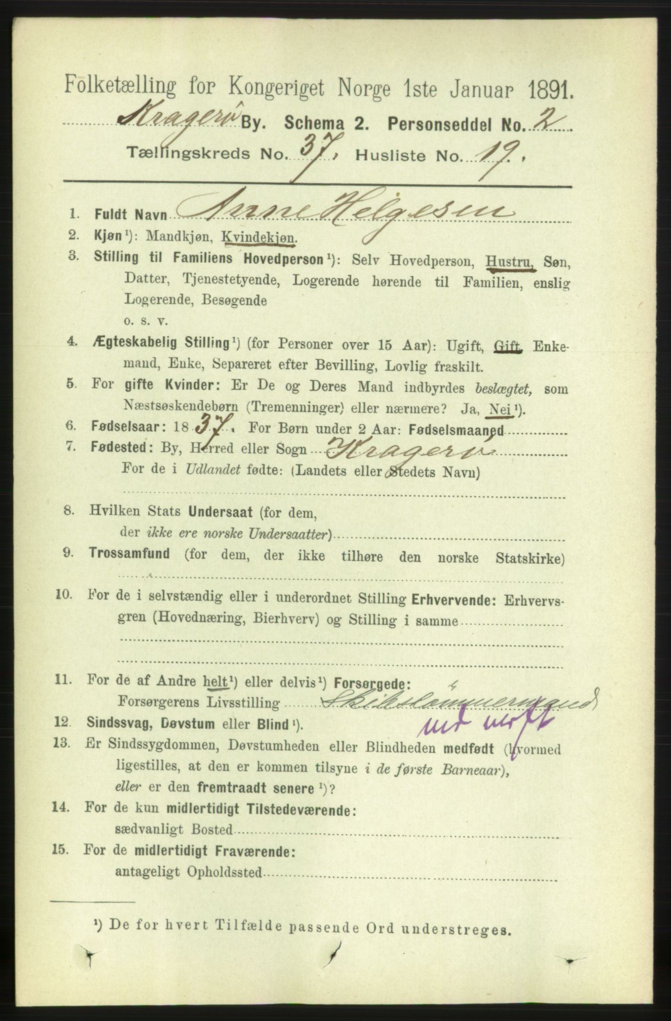 RA, 1891 census for 0801 Kragerø, 1891, p. 6872