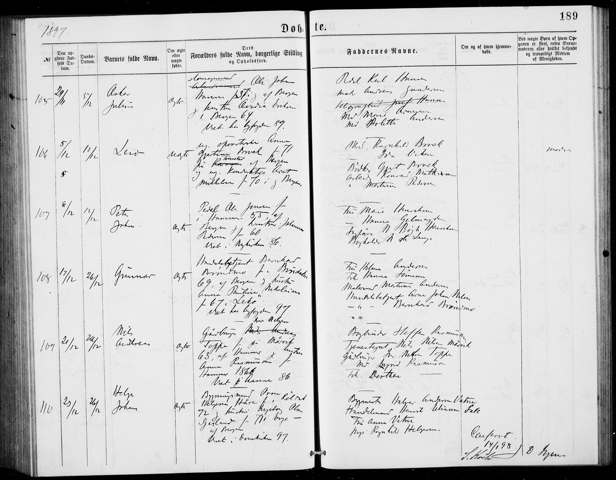 Fødselsstiftelsens sokneprestembete, ført av overlegen*, SAB/-: Parish register (official) no. A 2, 1884-1900, p. 189