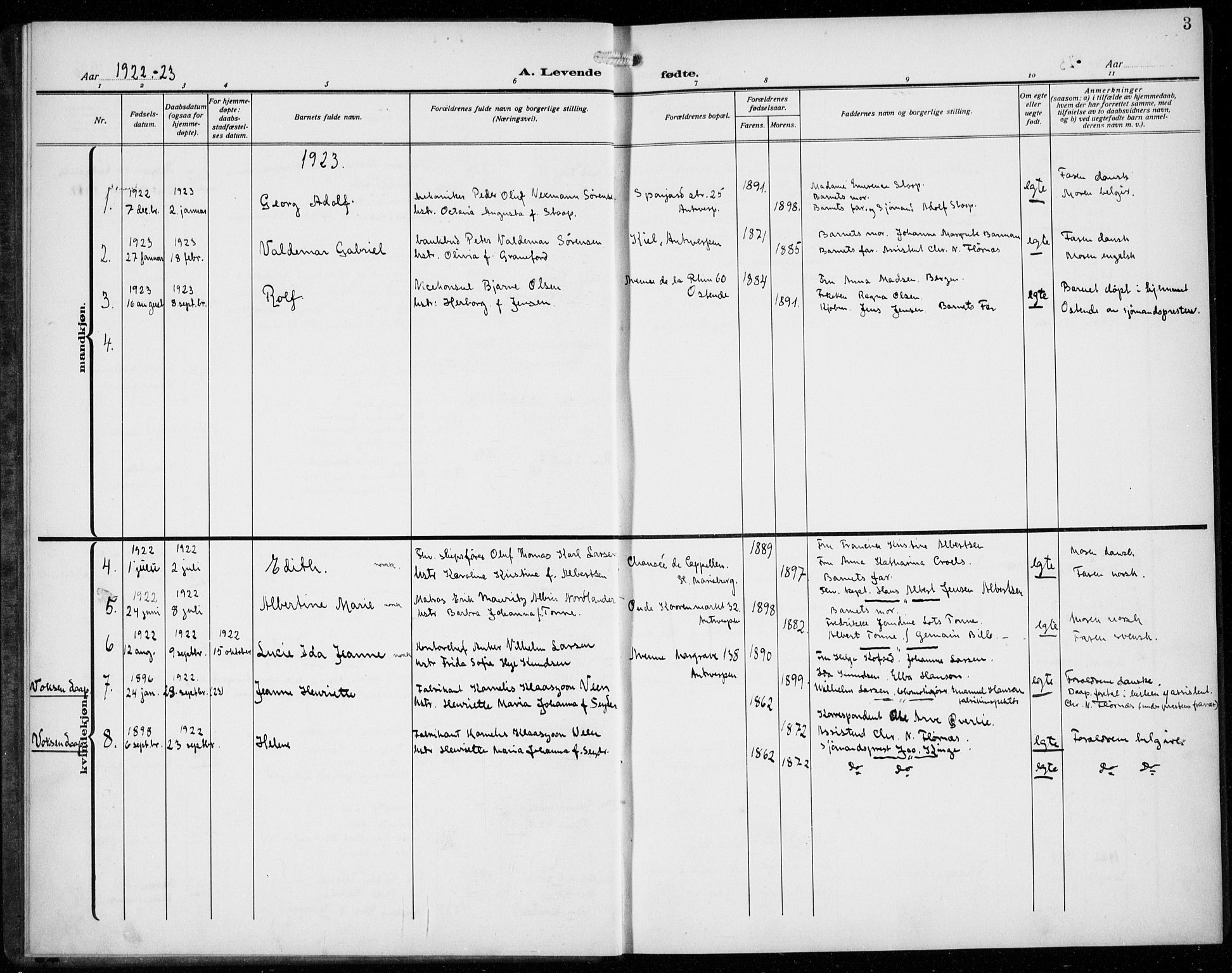 Den norske sjømannsmisjon i utlandet/Antwerpen, SAB/SAB/PA-0105/H/Ha/L0003: Parish register (official) no. A 3, 1914-1930, p. 3