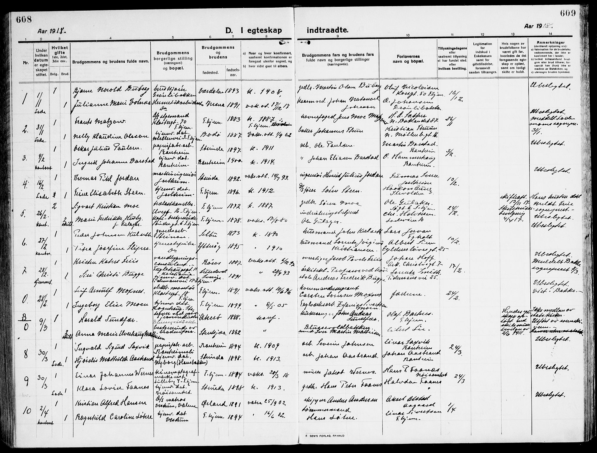 Ministerialprotokoller, klokkerbøker og fødselsregistre - Sør-Trøndelag, SAT/A-1456/607/L0321: Parish register (official) no. 607A05, 1916-1935, p. 608-609