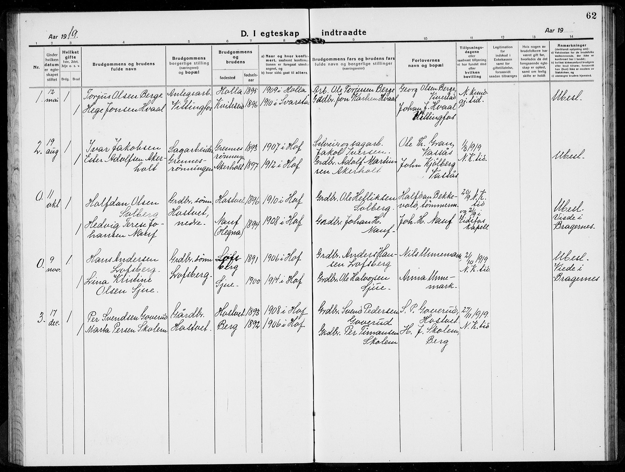 Hof kirkebøker, AV/SAKO-A-64/G/Gb/L0004: Parish register (copy) no. II 4, 1917-1934, p. 62