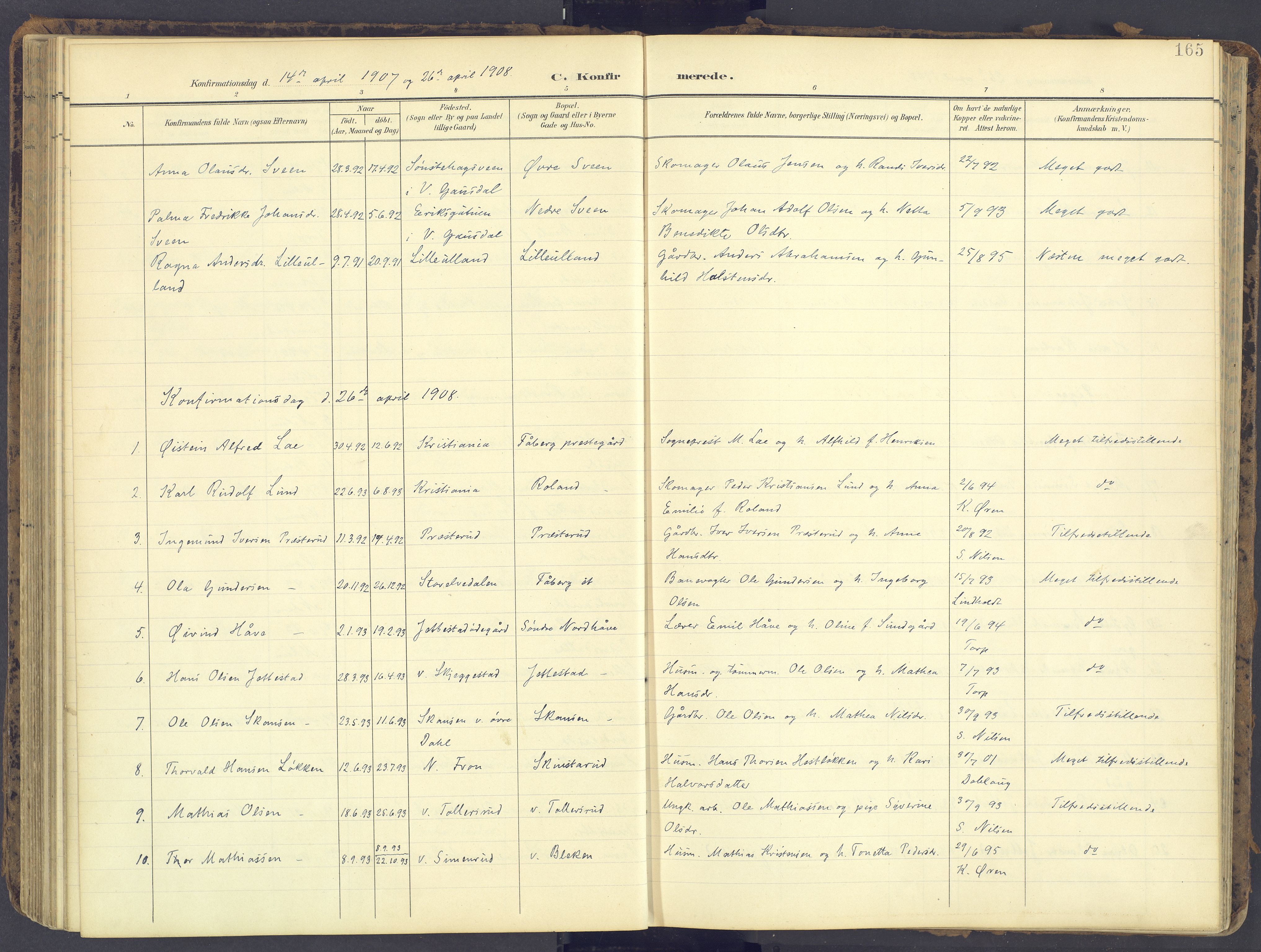 Fåberg prestekontor, AV/SAH-PREST-086/H/Ha/Haa/L0012: Parish register (official) no. 12, 1899-1915, p. 165