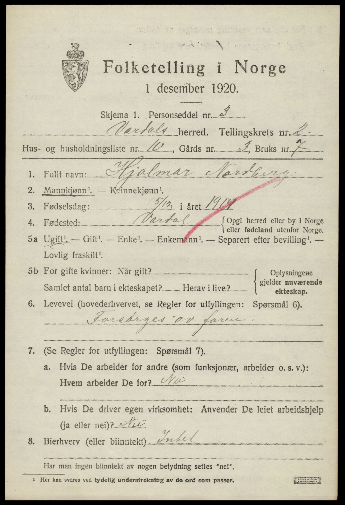 SAH, 1920 census for Vardal, 1920, p. 2577