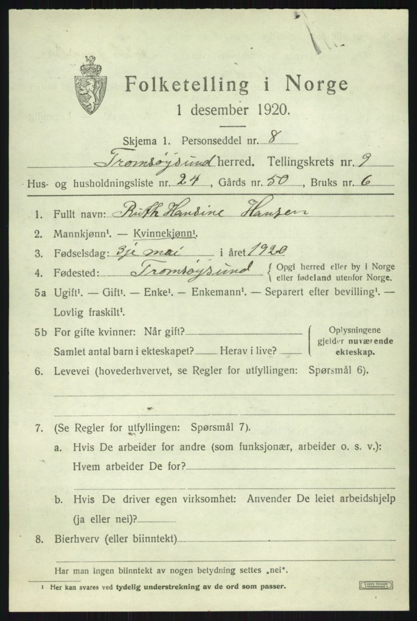 SATØ, 1920 census for Tromsøysund, 1920, p. 6874