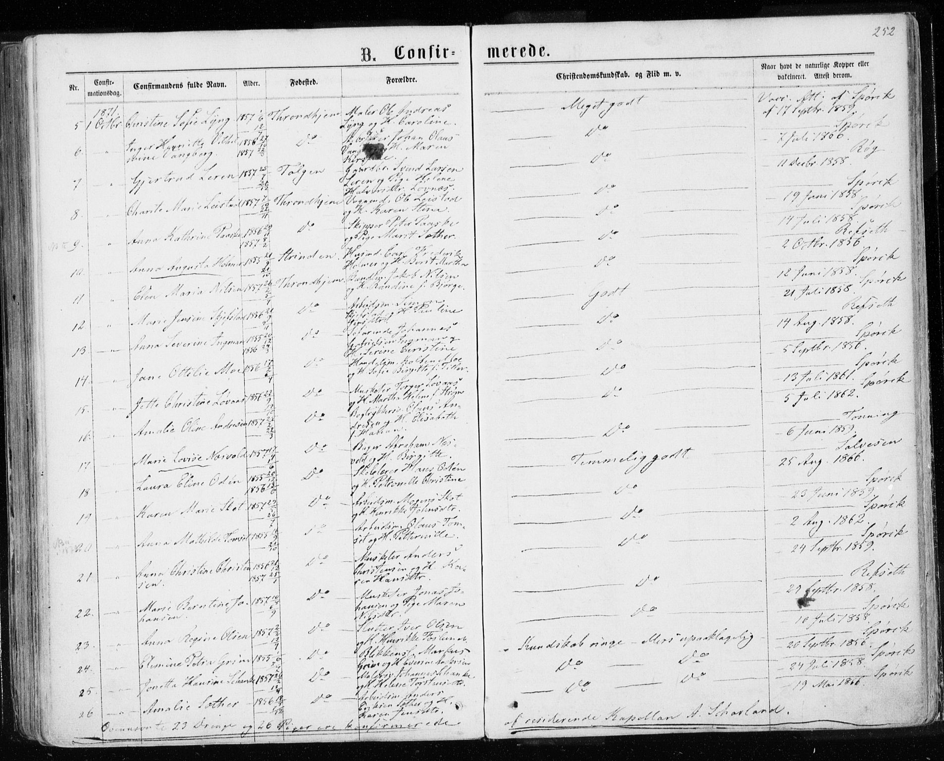 Ministerialprotokoller, klokkerbøker og fødselsregistre - Sør-Trøndelag, SAT/A-1456/601/L0054: Parish register (official) no. 601A22, 1866-1877, p. 252
