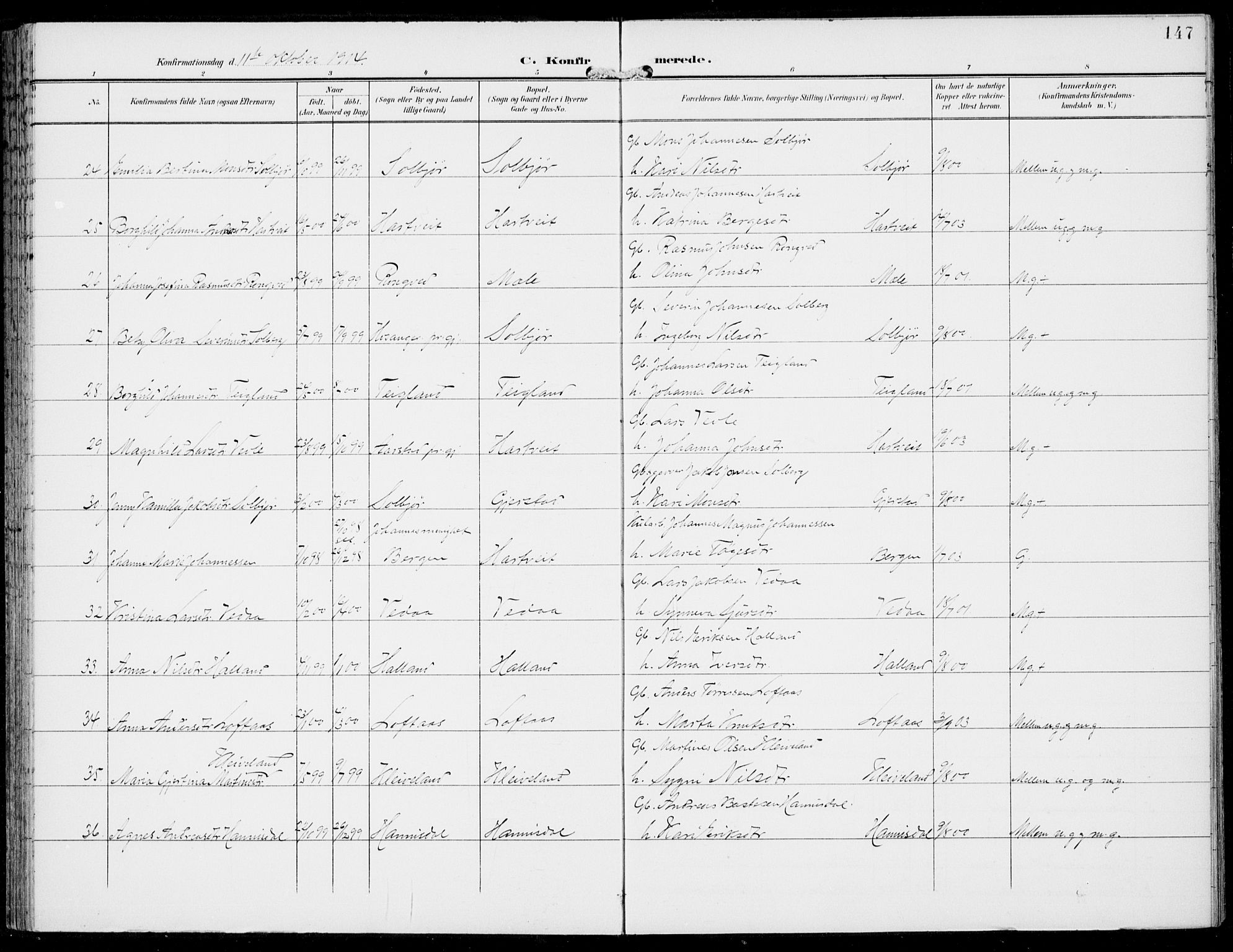 Haus sokneprestembete, AV/SAB-A-75601/H/Haa: Parish register (official) no. C  2, 1900-1915, p. 147