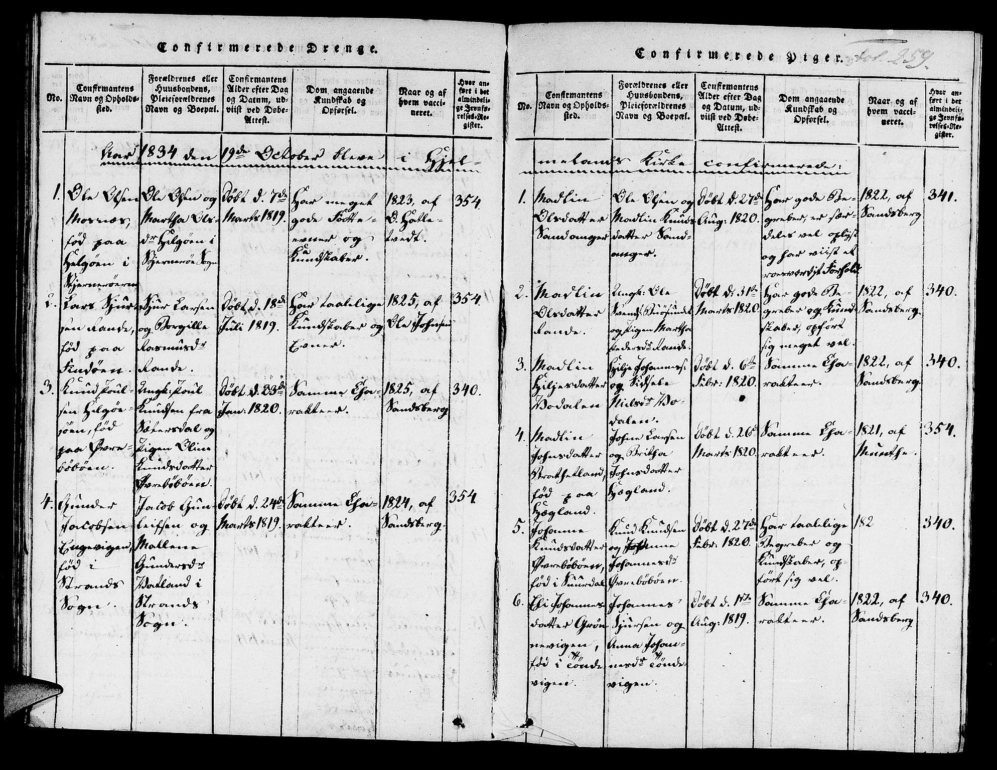 Hjelmeland sokneprestkontor, SAST/A-101843/01/IV/L0004: Parish register (official) no. A 4, 1816-1834, p. 259