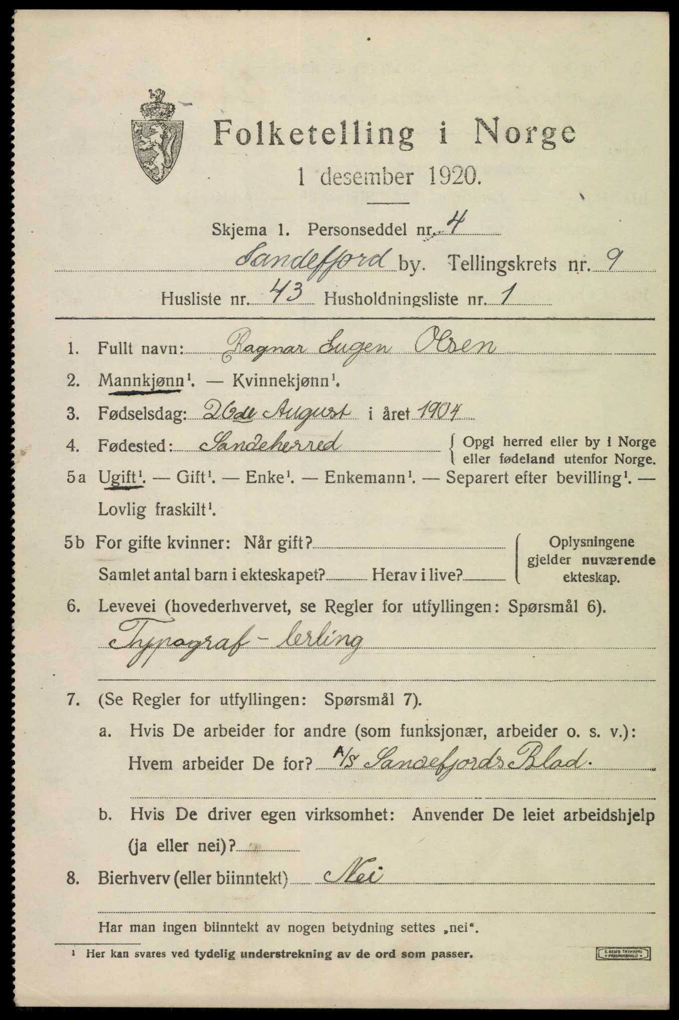 SAKO, 1920 census for Sandefjord, 1920, p. 13504