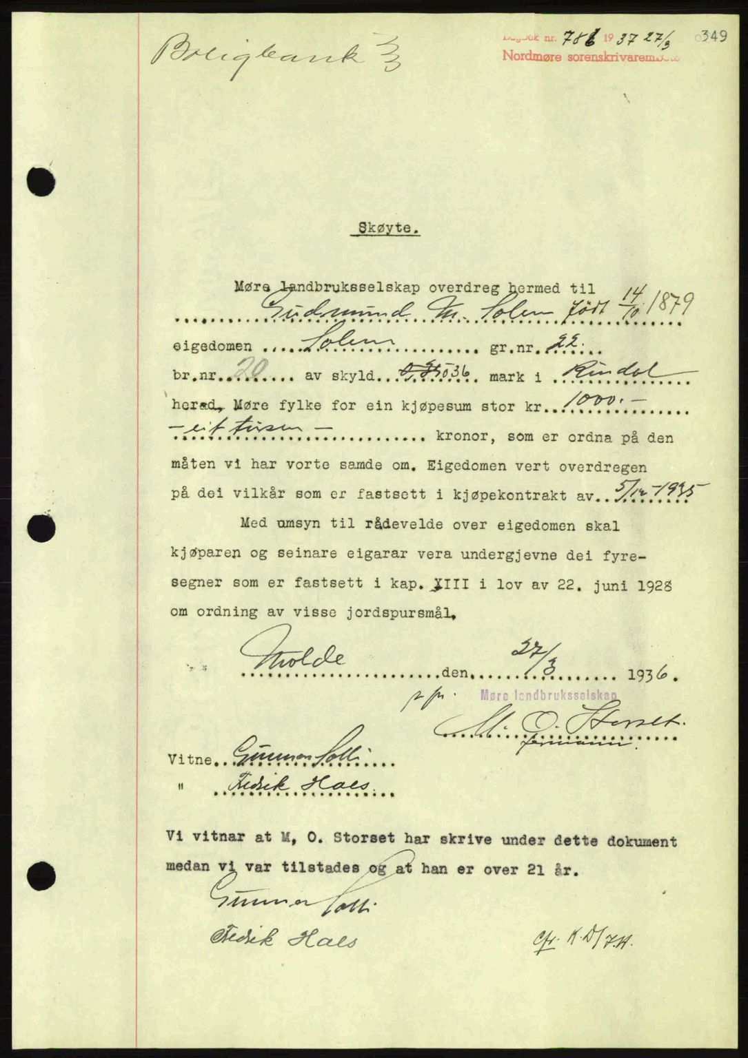 Nordmøre sorenskriveri, AV/SAT-A-4132/1/2/2Ca: Mortgage book no. A81, 1937-1937, Diary no: : 786/1937