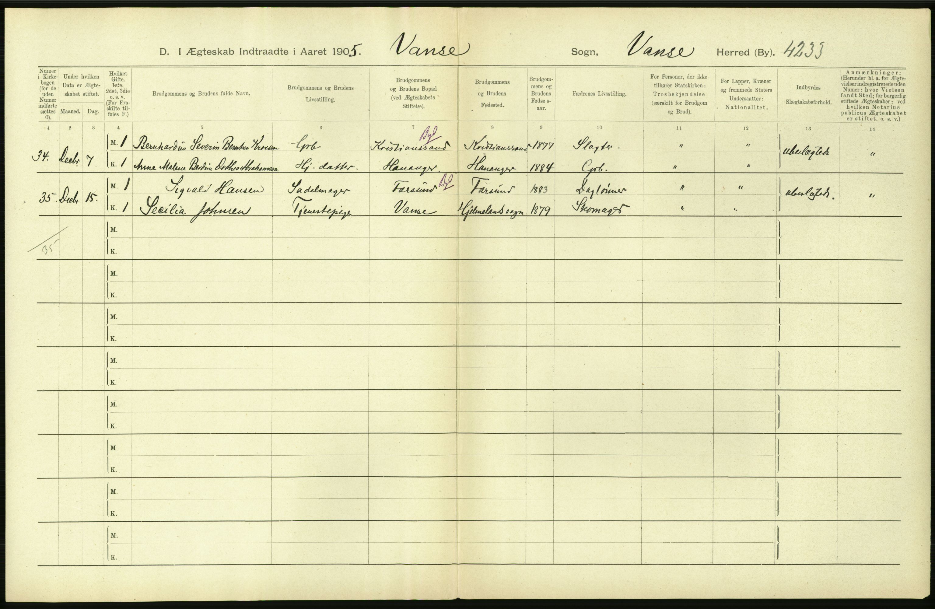 Statistisk sentralbyrå, Sosiodemografiske emner, Befolkning, AV/RA-S-2228/D/Df/Dfa/Dfac/L0020: Lister og Mandals amt: Fødte. Bygder, 1905, p. 58